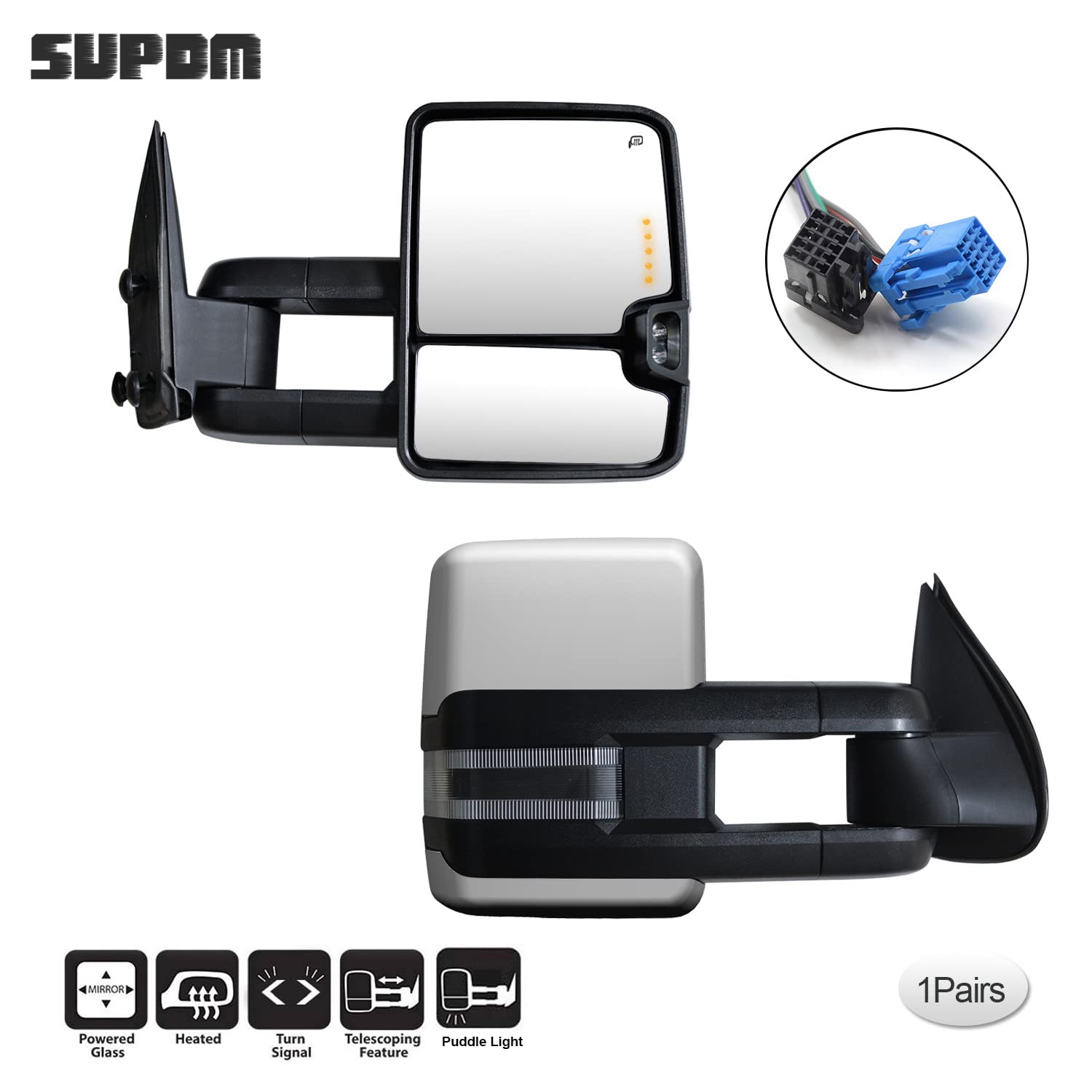 Chrome Towing Mirrors with Power Heat & Turn Signals - Compatible with Chevy Silverado/Suburban/Tahoe & GMC Sierra/Yukon 2003-2006 Models - Clearance Lamp & Running Lights (Pair) - Perfect for Towing, Off-Roading & Night Driving