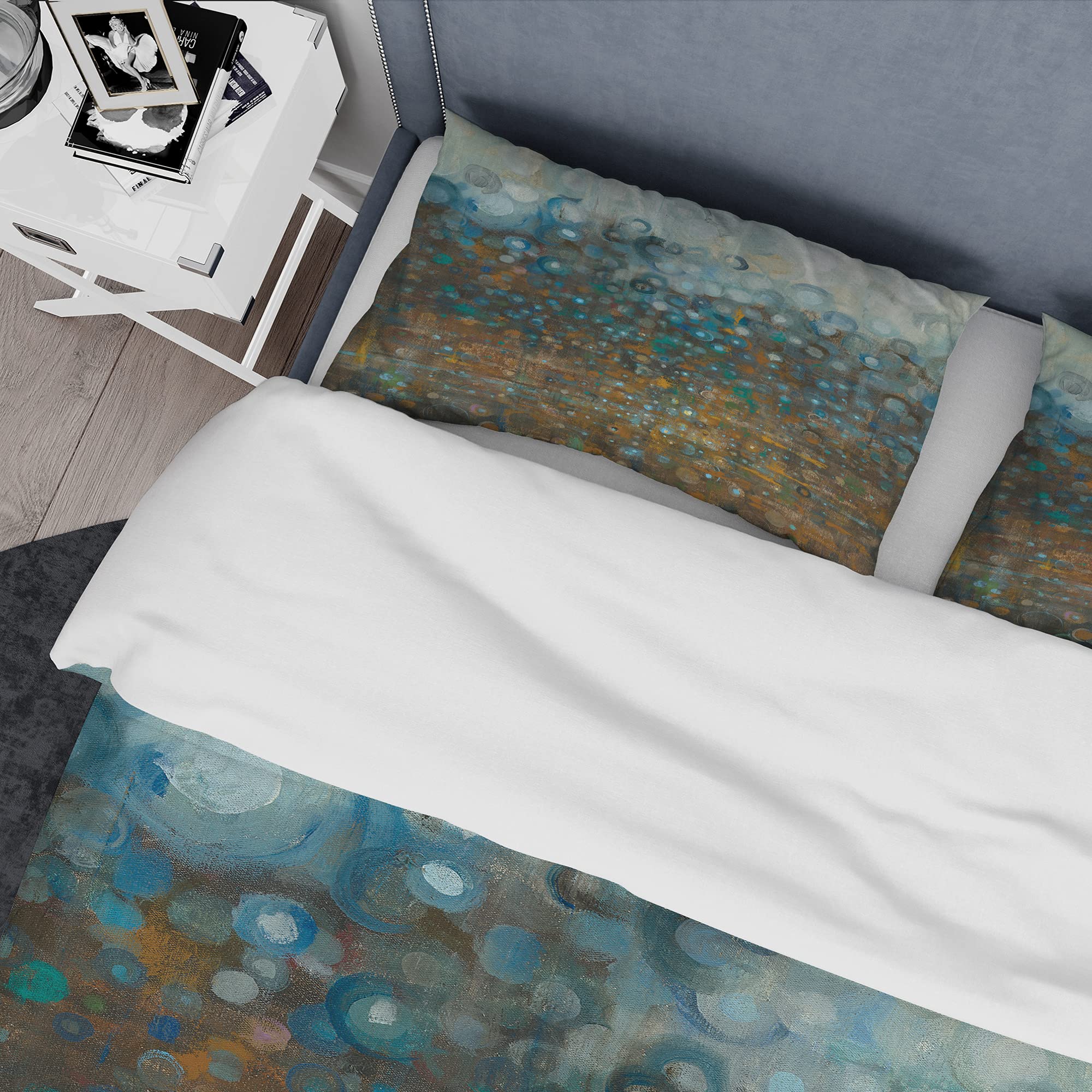 DesignQ Blue and Bronze Dots Modern Duvet Cover Set - King Size 3-Piece Abstract Bedding | All-Season Contemporary Luxury Bedroom Decor for Master Bedroom or Guest Room