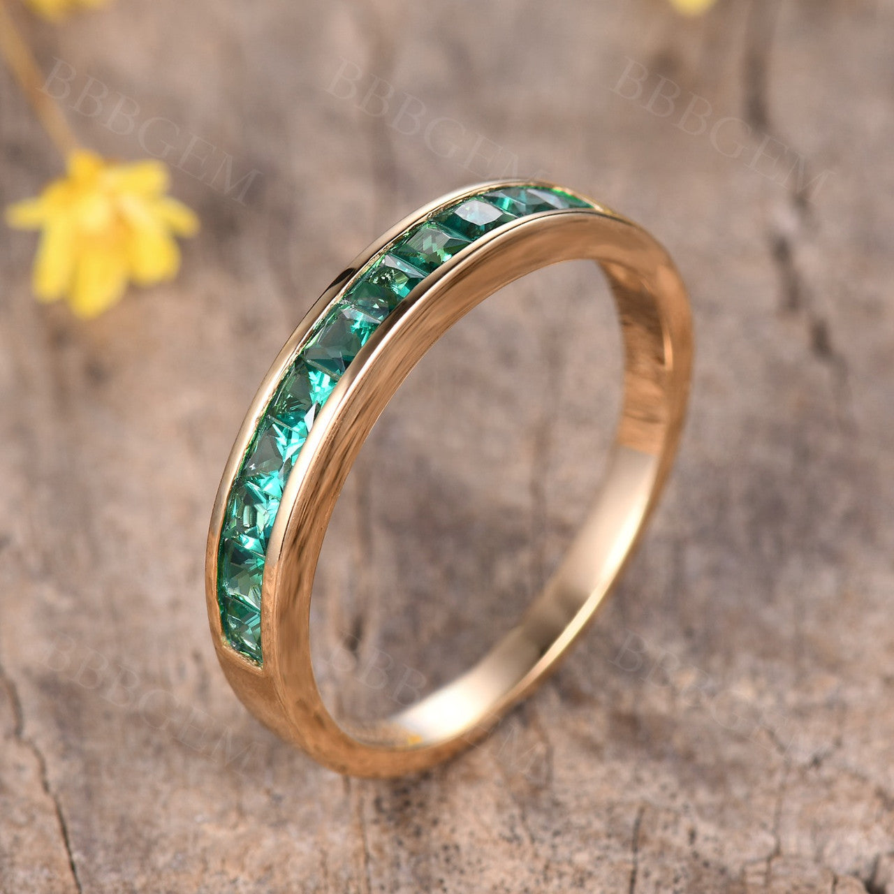 14K Yellow Gold Princess Cut Emerald Engagement Ring - Channel Set Wedding Band for Bridal & Anniversary Gifts