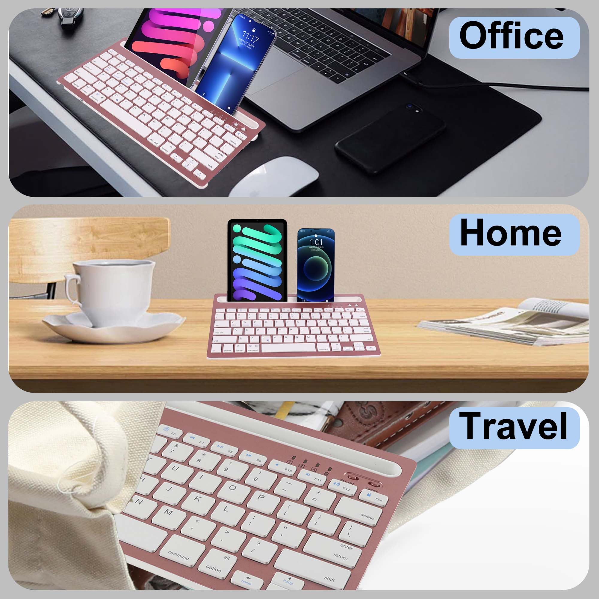 Multi-Device Bluetooth Keyboard - Wireless Rechargeable Keyboard for iPad, Tablet, Smartphone, MacBook (Android/iOS/Windows Compatible) with Stand Holder - Rose Pink | Perfect for Home Office, Travel & Remote Work