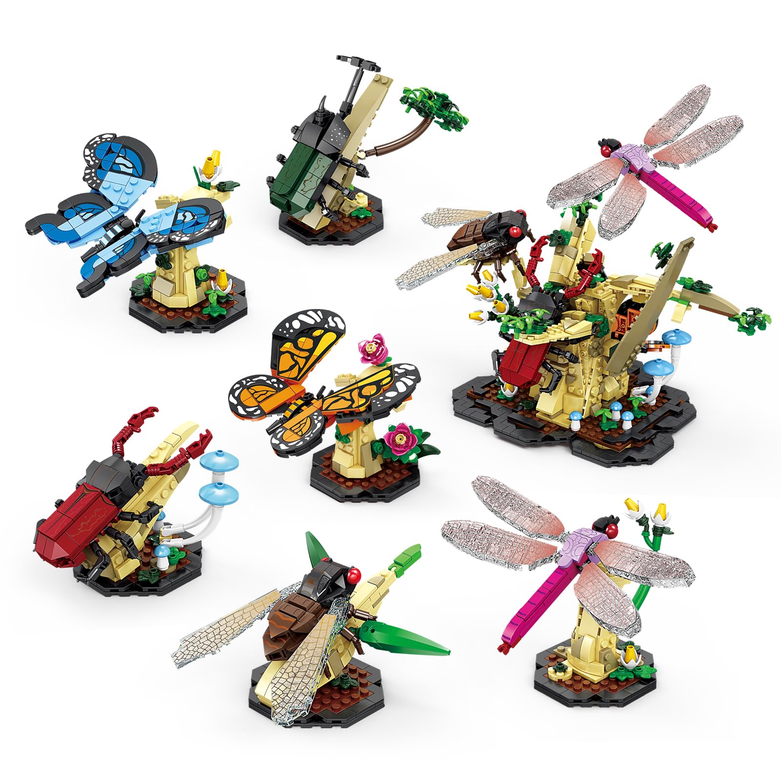 1029-Piece Insect Collection Building Set - 6-in-1 Lego-Compatible Bug Toys (Butterfly, Dragonfly, Beetle, Cicada) - STEM Educational Gift for Nature Lovers & Kids - Perfect for Science Projects, Home Decor & Creative Play