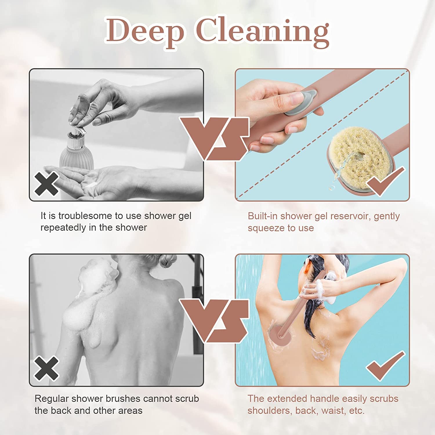 SANTINA Long Handle Soft Bristle Bath Brush with Soap Dispenser - Exfoliating Shower Scrubber for Men & Women - Back Massage & Body Cleansing - Perfect for Deep Cleaning & Skin Exfoliation in Shower or Bath