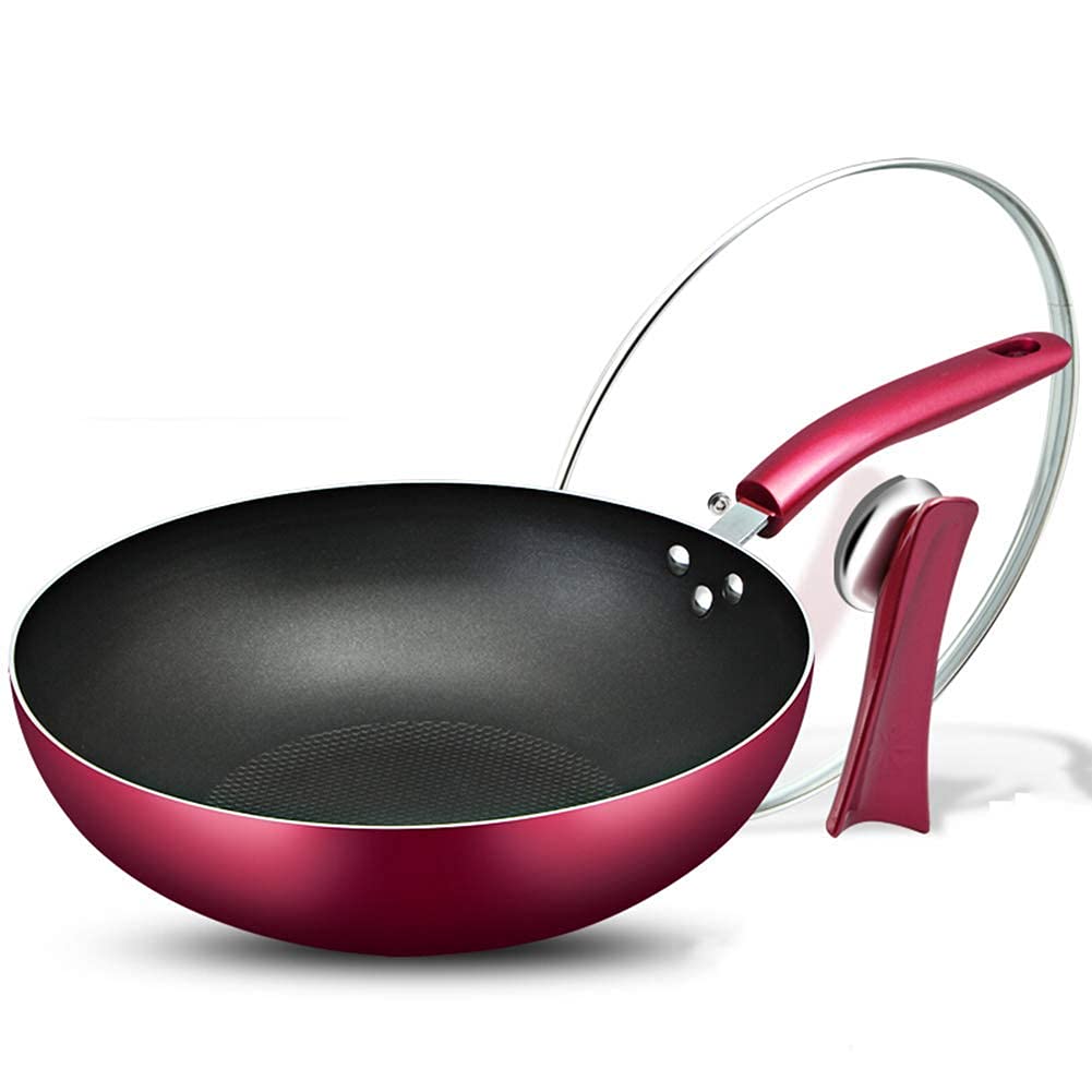 **UWY 32cm Flat Bottom Wok Pan - Non-Stick Chinese Stir Fry Pan, Lightweight & Low Smoke, Rust-Free (Wine Red) - Perfect for Stir-Frying, Sautéing & Deep Frying at Home**