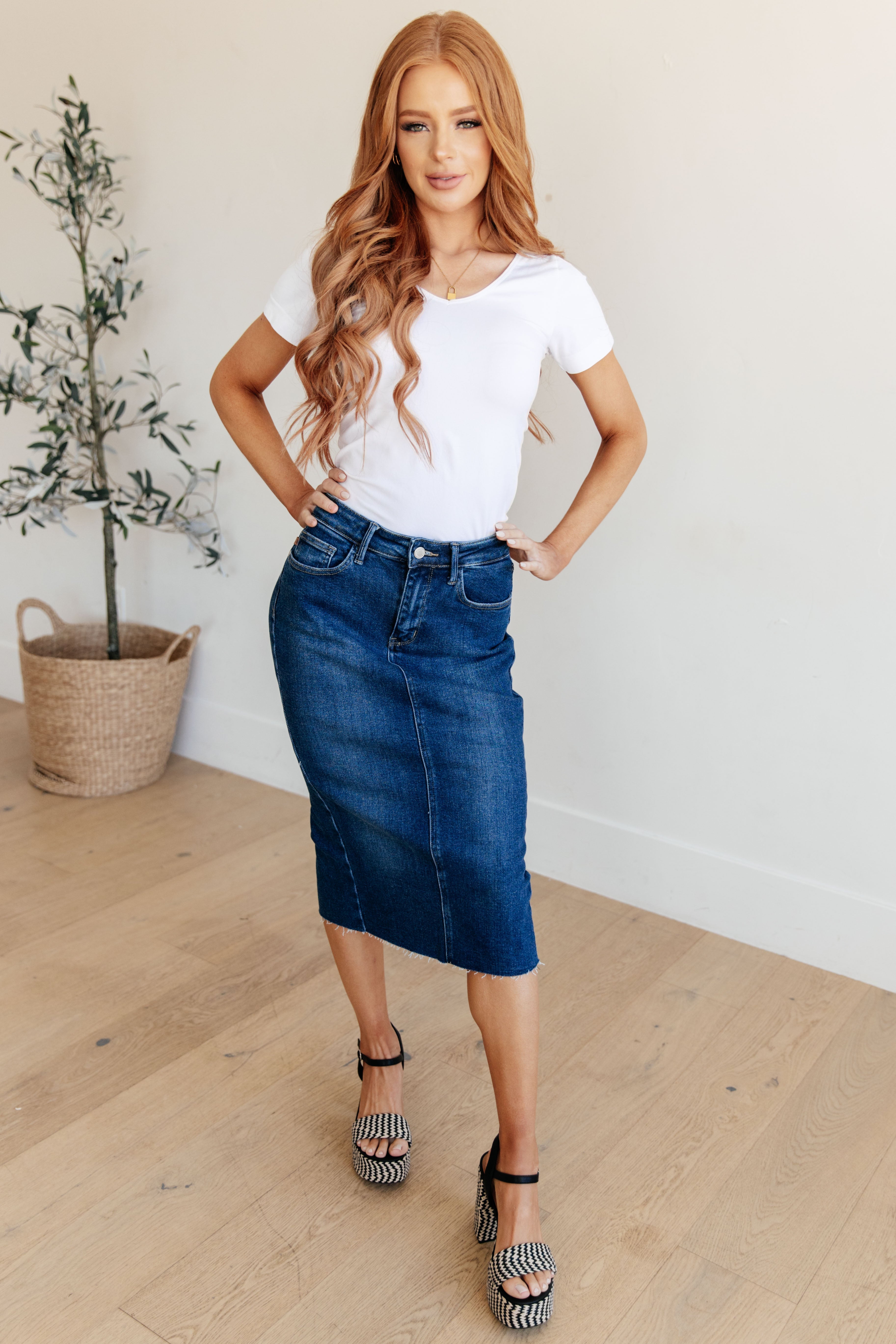 Marcy High Rise Denim Midi Skirt for Women - Stretchy Comfort Fit A-Line Denim Skirt | Perfect for Casual Outfits, Office Wear & Date Nights