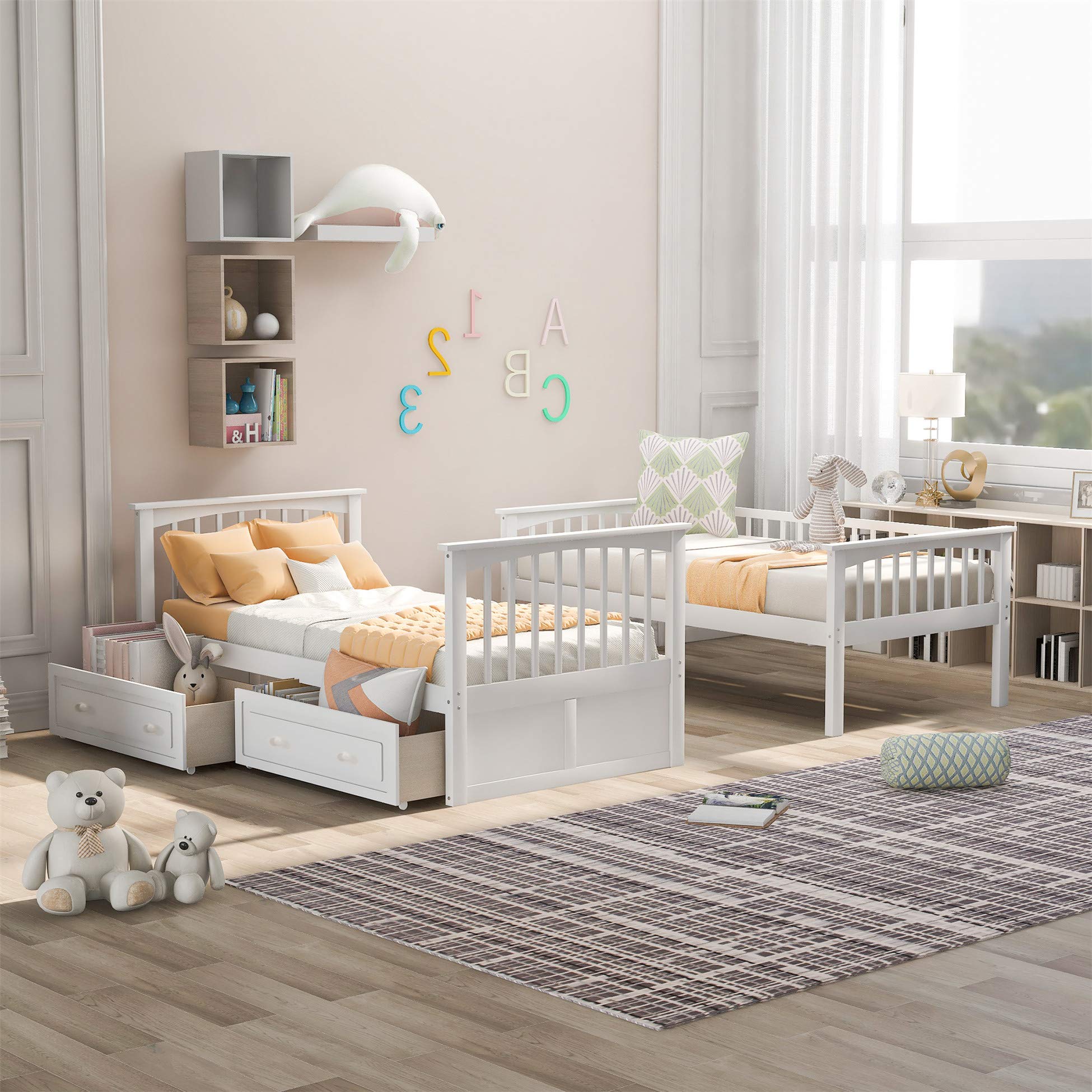 Harper & Bright Designs Twin Over Twin Bunk Bed with Storage Drawers - Solid Wood Bunk Bed Frame in White - Perfect for Kids' Bedroom, Dorm Room & Space-Saving Solutions