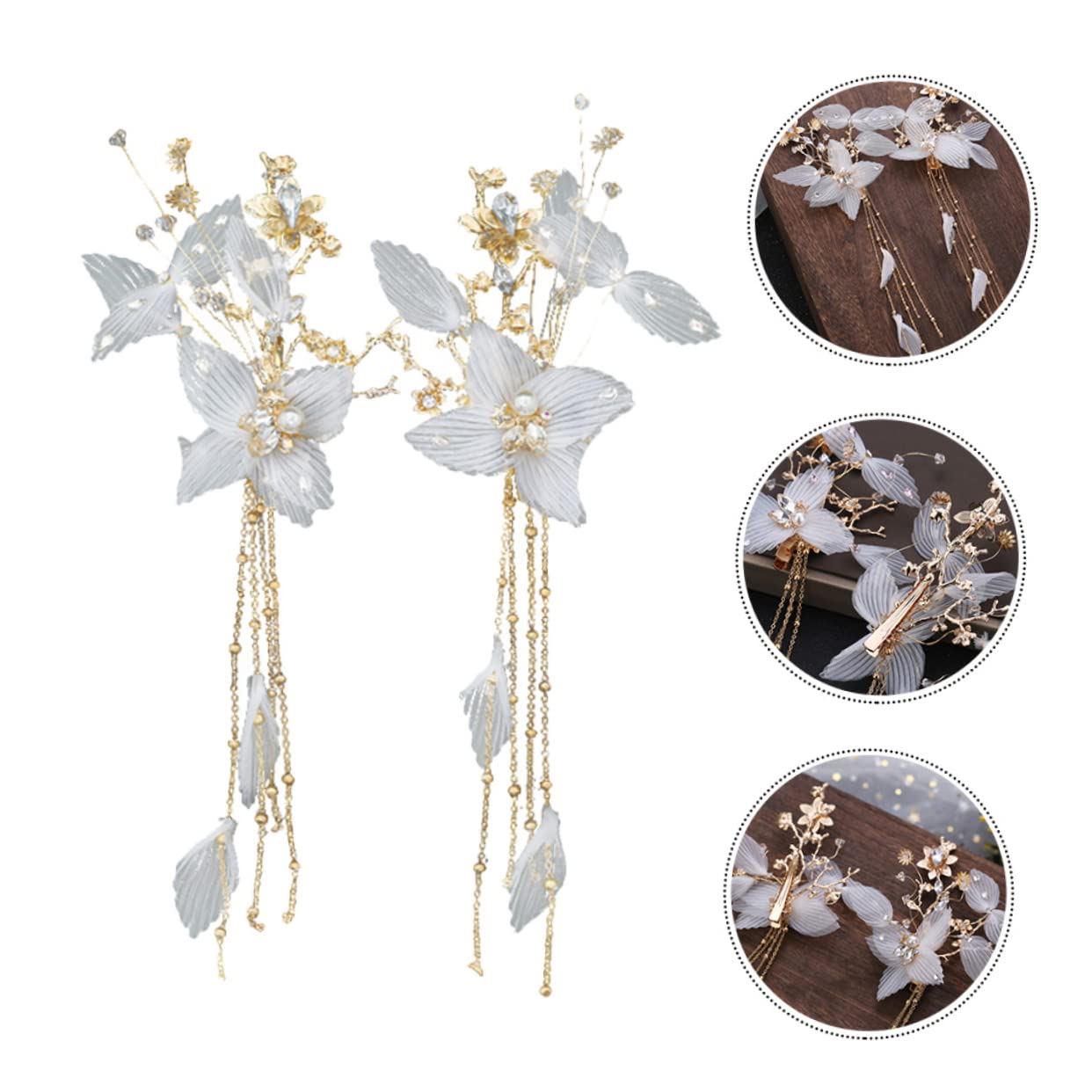 2Pcs Elegant Rhinestone Flower Hair Clips with Tassel - Chinese Style Fairy Headwear for Women & Girls - Bridal Hair Accessories (White) | Perfect for Weddings, Parties & Special Occasions