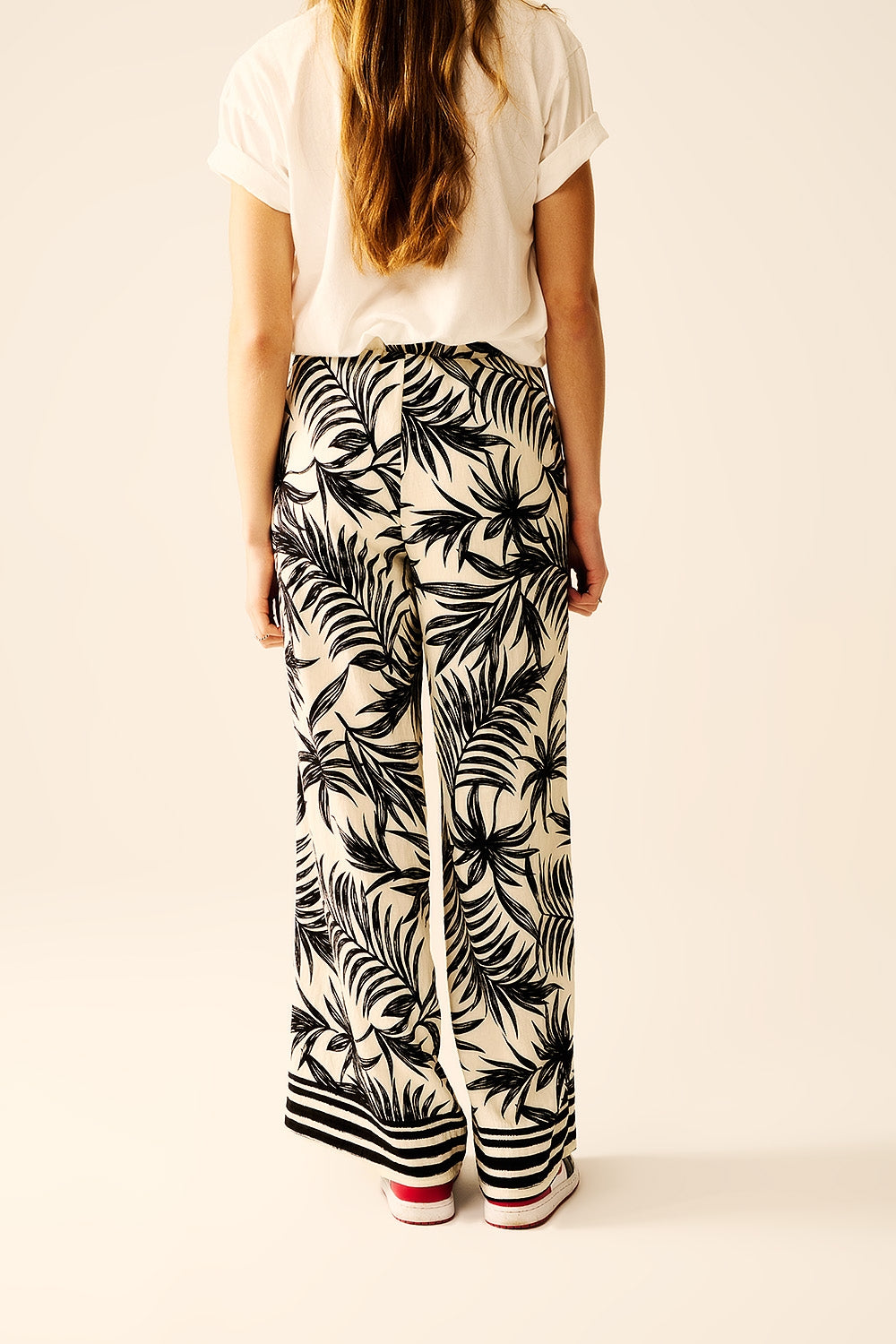 **Women's Wide Leg Pants in White with Black Floral Details - Elegant & Comfortable for Casual Wear, Office, and Special Occasions**