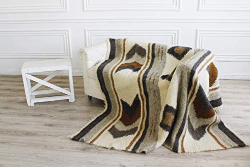 Moroccan Beige Wool Throw Blanket - Plaid Geometric Pattern Heavy Weighted Blanket for Sofa, Bed & Living Room | Handmade Kilim Fluffy Cover | Aztec Modern Flokati Wool | Perfect for Cozy Nights, Home Decor & Gift Giving