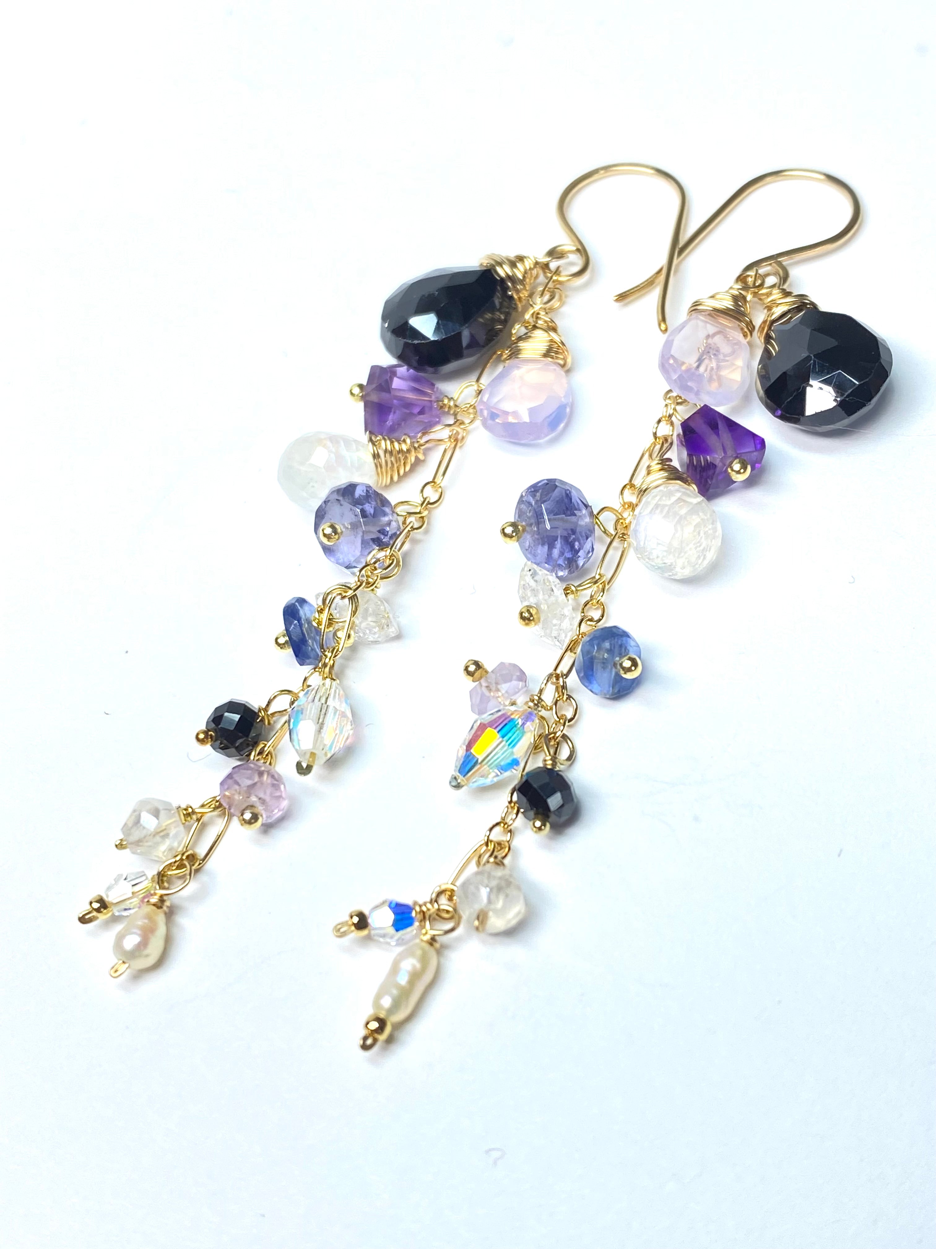 Amethyst Scorolite Black Spinel Long Dangle Earrings - Elegant Bohemian Statement Jewelry for Women | Perfect for Parties, Weddings & Special Occasions
