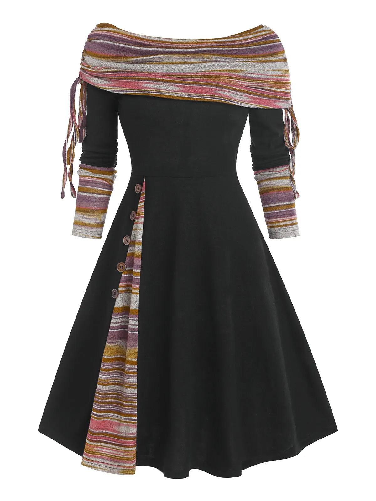 **Women's 2024 Striped Knit Convertible Dress - Off Shoulder, Long Sleeve, Cinched Waist & Flare Hem | Perfect for Date Night, Parties & Casual Outings**