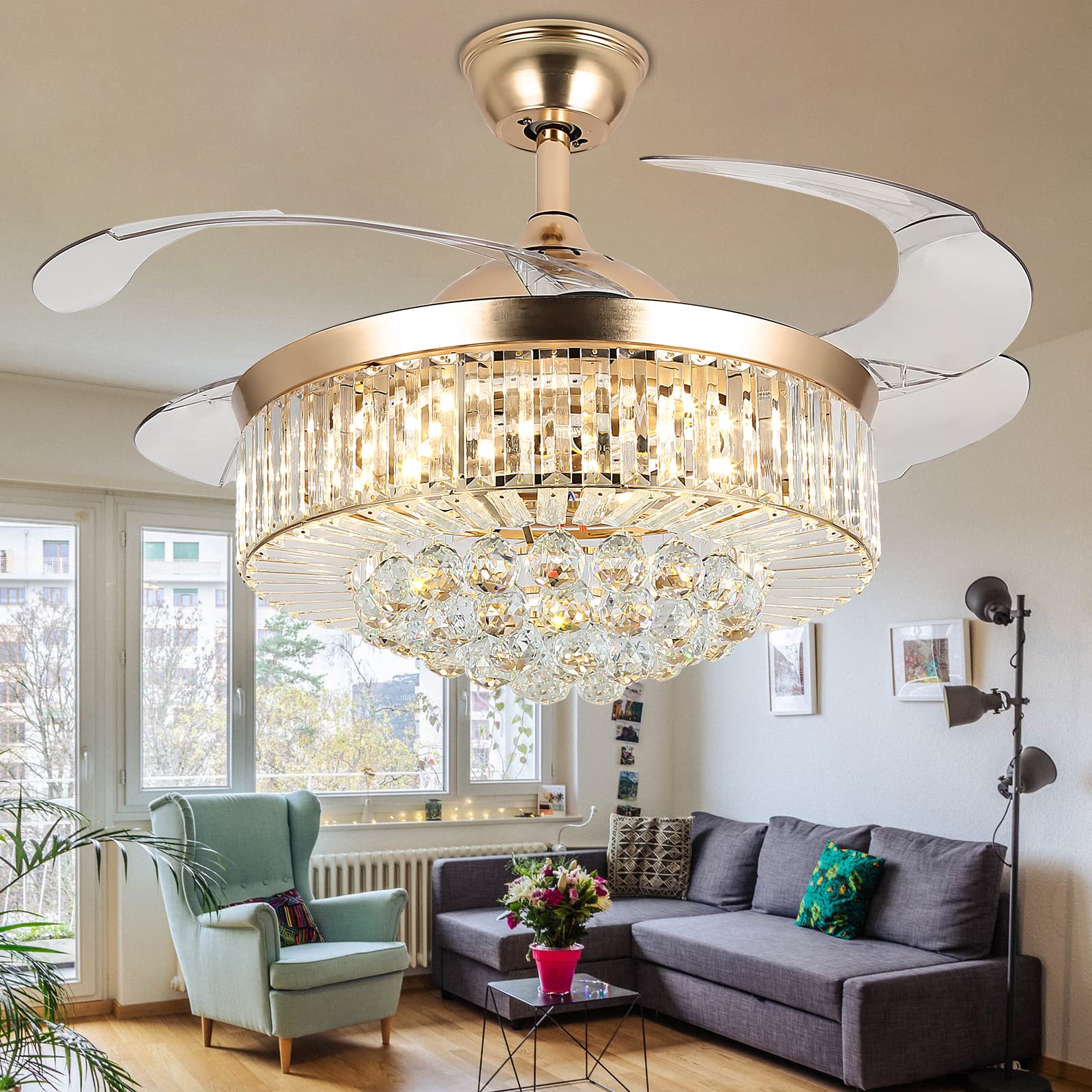 36 Inch Crystal Ceiling Fan with Remote - Golden Chandelier Fan with 3 Speed Settings & RGB Color Changing Lights, Retractable 4 Blades for Bedroom, Living Room, Dining Room - Perfect for Home Decor and Air Circulation