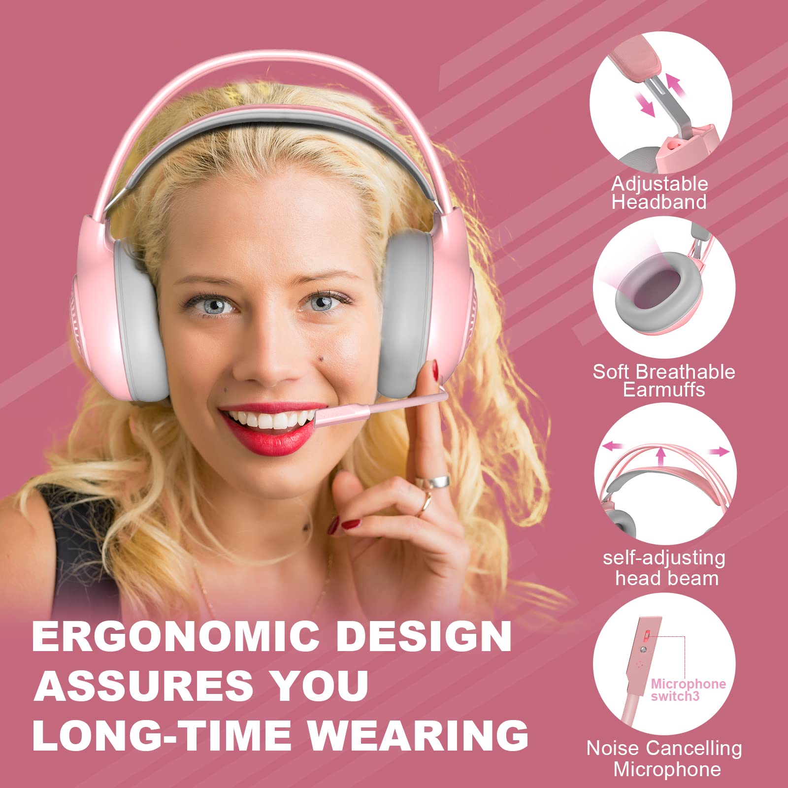Anivia G1 Pink Gaming Headset - Wired Over-Ear Headphones with Noise Isolation Mic & LED Lights for PS5, PS4, Xbox One, PC, Nintendo Switch - Immersive Surround Sound for Gaming, Streaming & Online Chat
