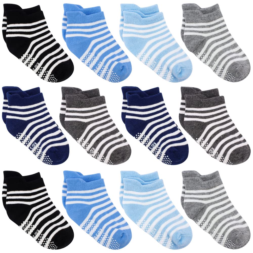 Non-Slip Baby Socks 12 Pairs - Soft Cotton Ankle Socks with Anti-Skid Grips for Infants & Toddlers 12-36 Months (Boys & Girls) - Perfect for Playtime, Daycare & First Steps