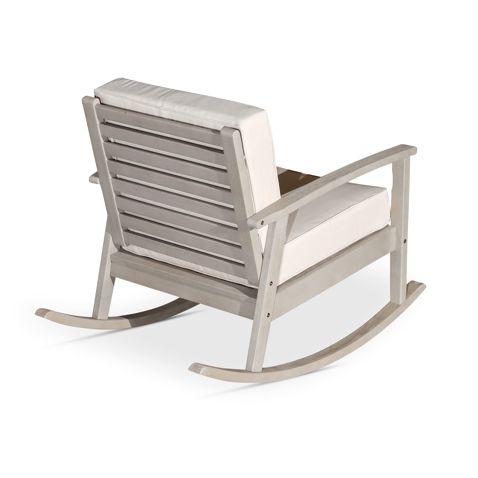 DTY Outdoor Living Longs Peak Deep Seat Eucalyptus Rocker - Driftwood Gray Finish with Navy Cushions | Patio Rocking Chair for Porch, Garden & Backyard Relaxation