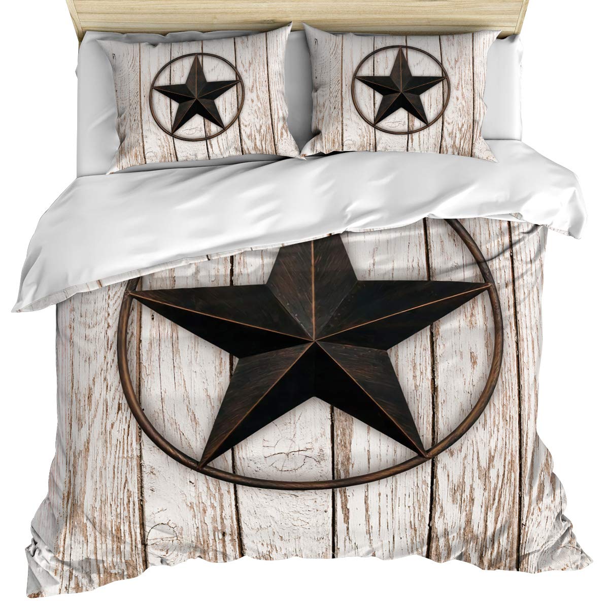 Texas Star Wood Duvet Cover Set 3-Piece Full Size - Rustic Farmhouse Ultra Soft Breathable Bedding with Corner Ties & Zipper Closure (1 Duvet Cover + 2 Pillow Shams) - Washed Cotton for Cozy Bedroom Decor - Perfect for Guest Rooms, Master Bedrooms & Cabin Retreats
