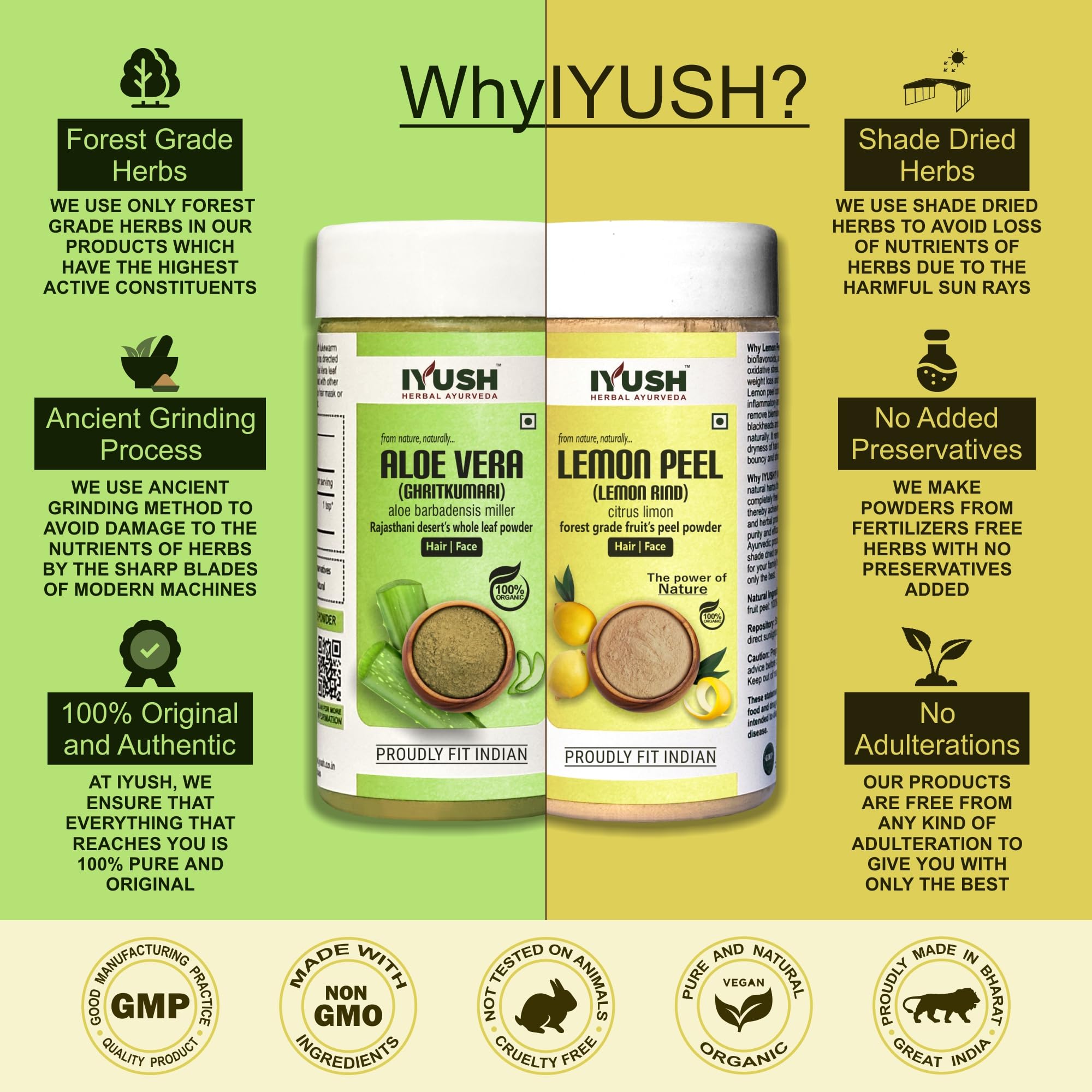 IYUSH Herbal Ayurveda Aloe Vera and Lemon Peel Powder - 100g Each | Natural Skin Care & Hair Treatment | For Face Masks, Hair Growth & Detox Drinks