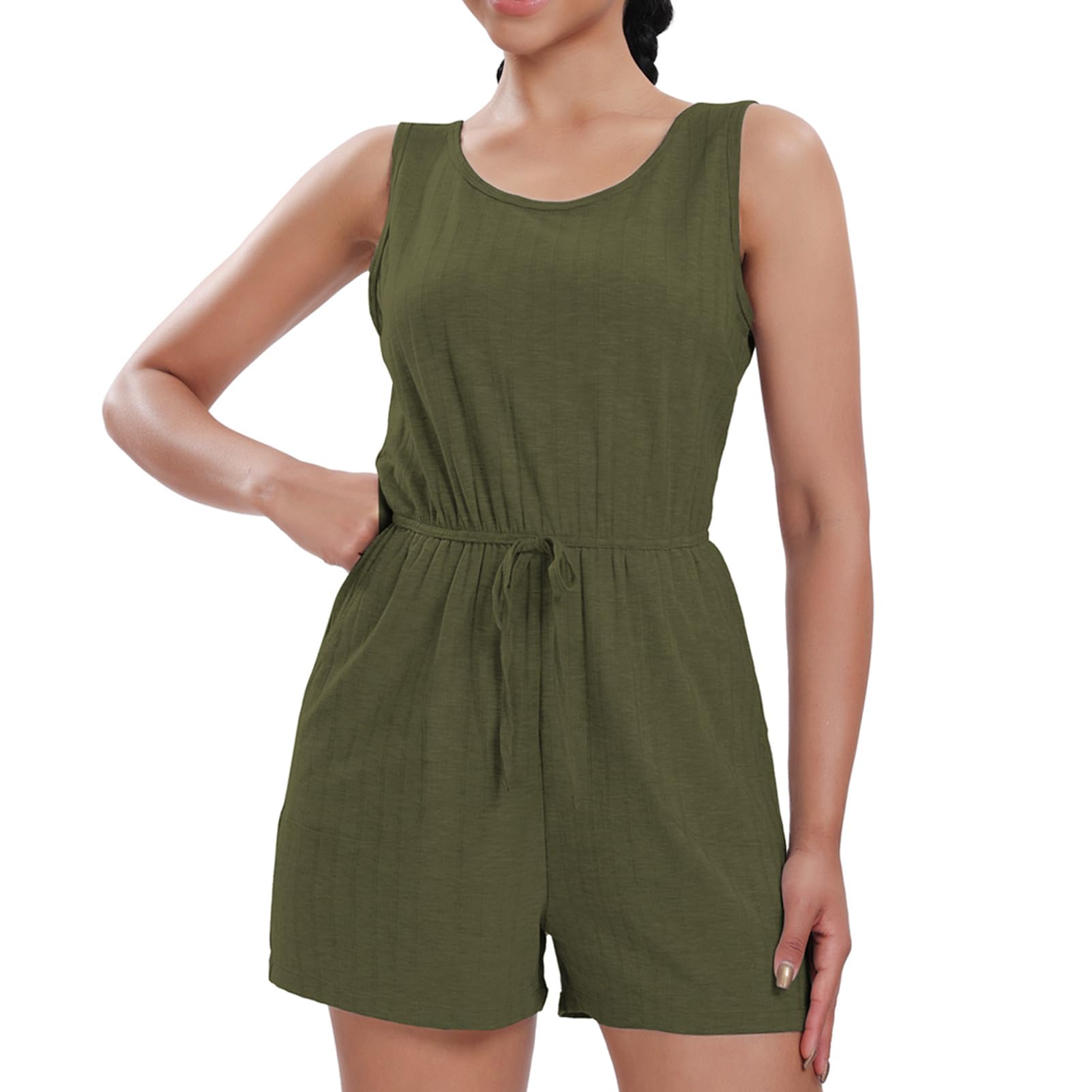 Women's Casual Loose Ribbed Romper Jumpsuit - Sleeveless Tank Top Summer Lounge Outfit with Pockets | Perfect for Beach, Vacation & Everyday Wear 2024