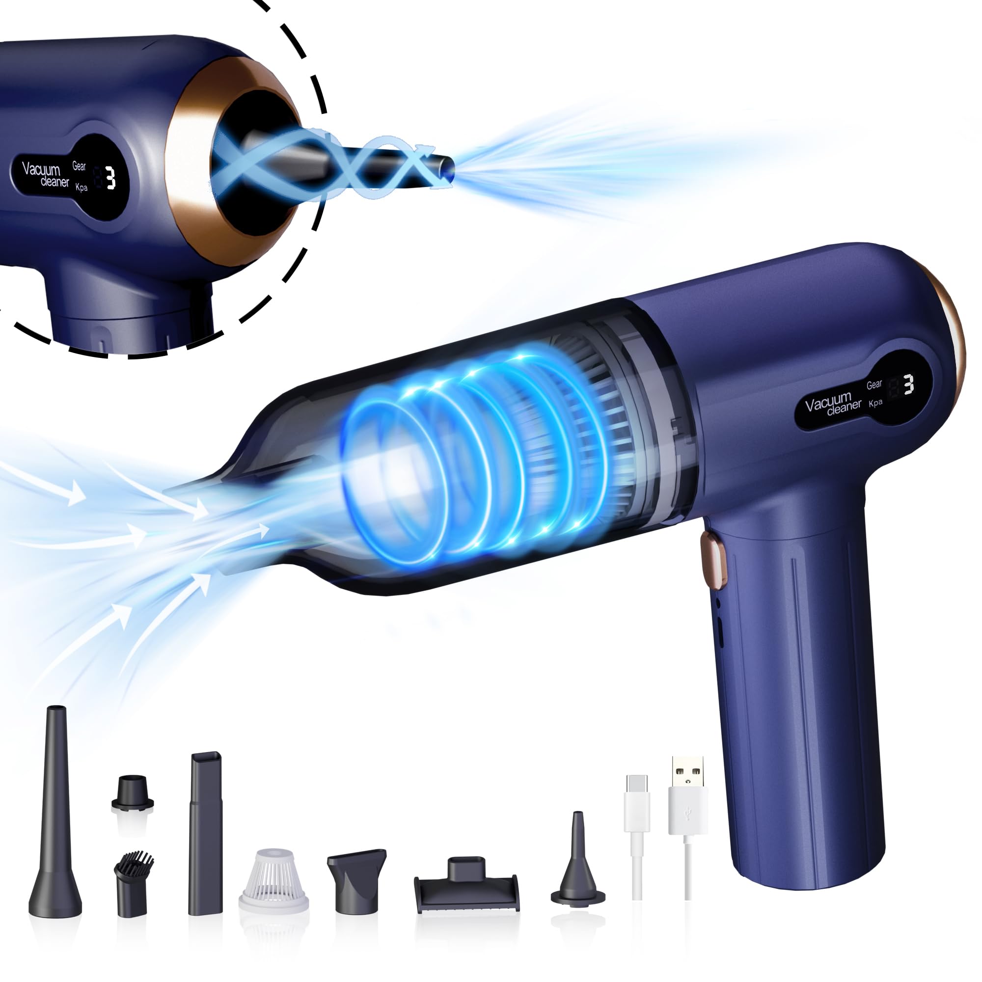 **15KPa Cordless Handheld Vacuum Cleaner - 4000mAh, 80W High Power, LED Light & Digital Display - 3 Speeds & 7 Nozzles for Car, Home, Office, Pet Hair - Portable 3-in-1 Mini Vacuum for Quick Cleaning & Mess-Free Spaces**