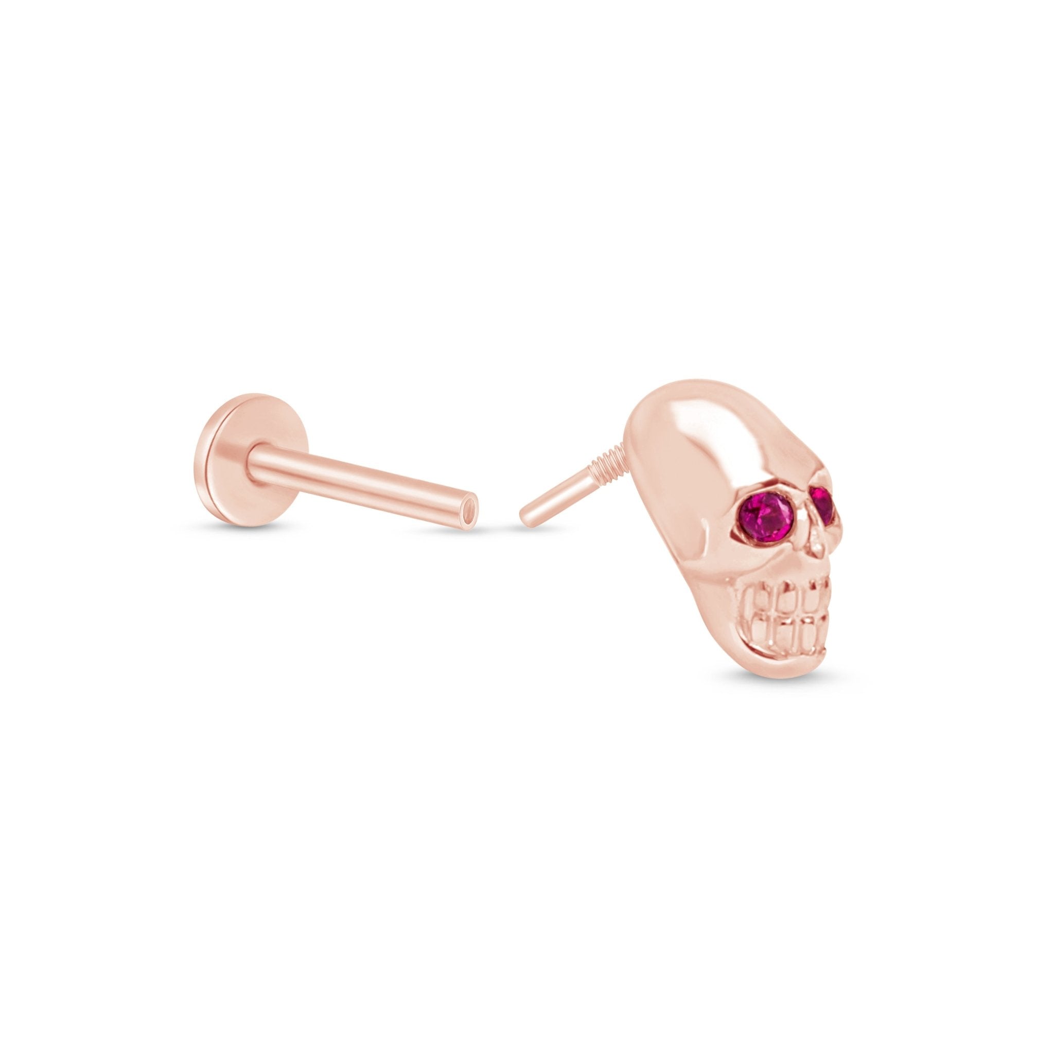 14K Rose Gold Pink Ruby Eye Skull Flat Back Stud Earrings - Gothic Jewelry for Women, Perfect for Halloween, Costume Parties & Punk Fashion