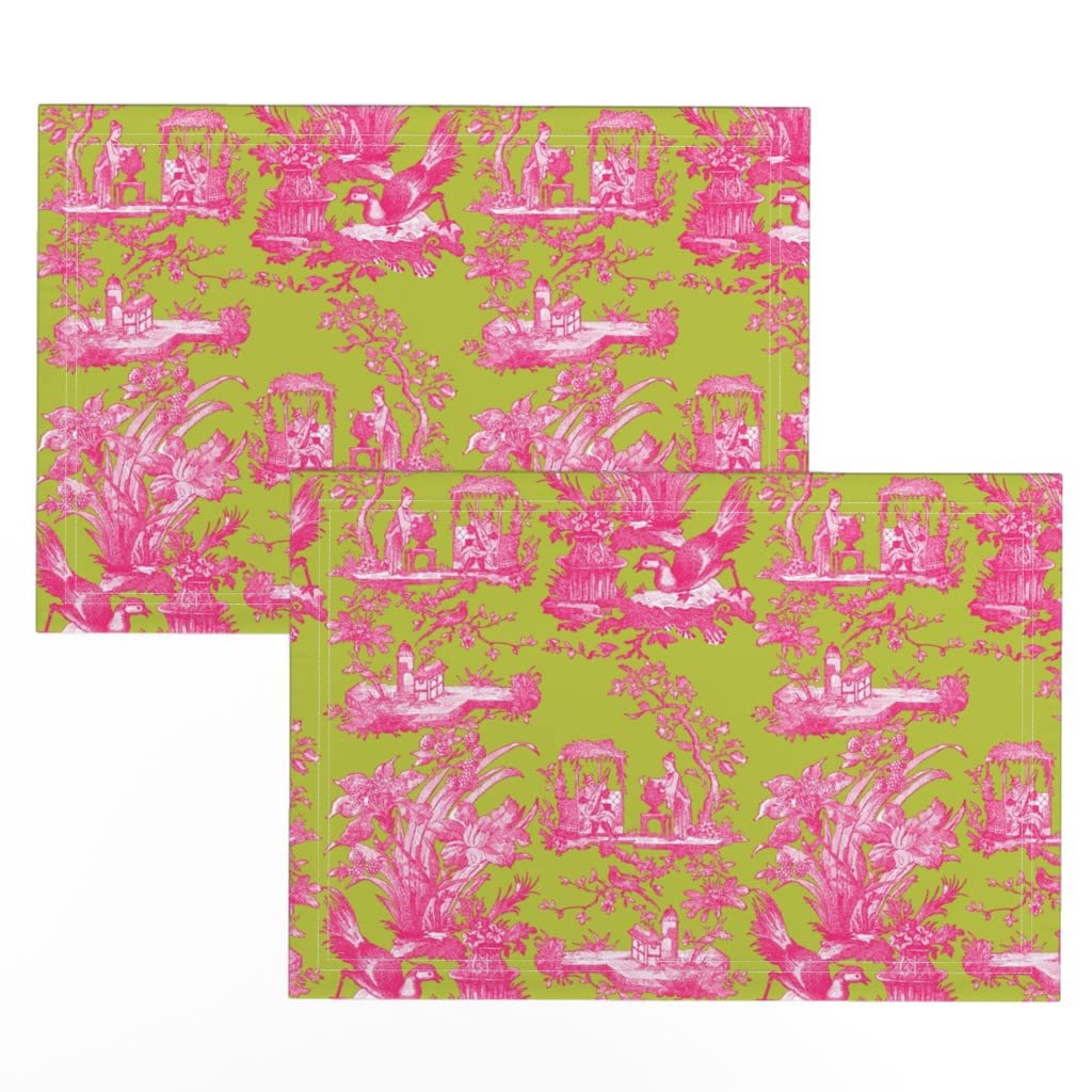 Linen Cotton Canvas Placemats Set of 2 - Vibrant Chinoiserie Toile Print in Pink & Chartreuse | Maximalist Table Decor for Dining Room, Kitchen, or Party | Washable & Durable Spoonflower Placemats