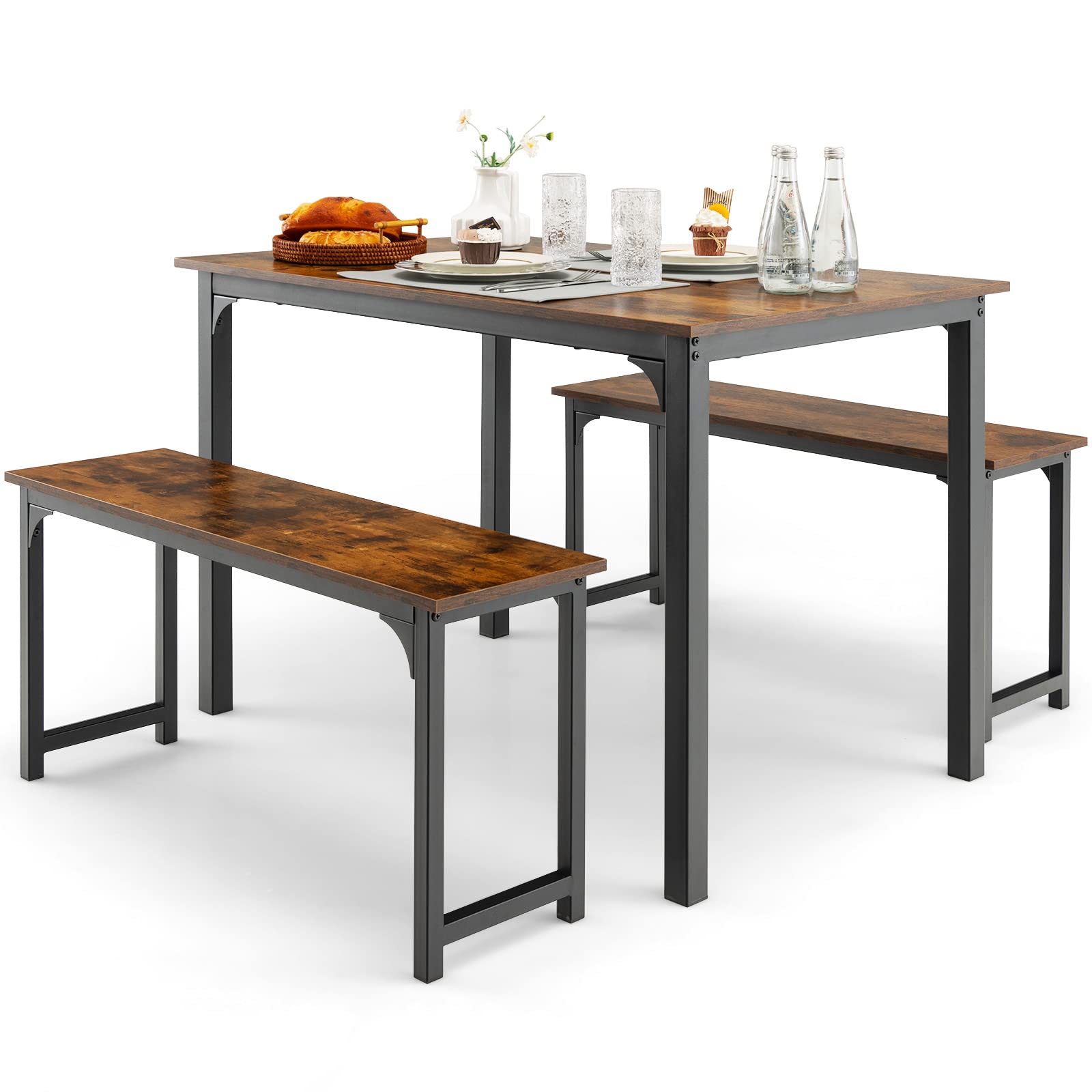 Giantex 4-Piece Industrial Dining Table Set with 2 Benches - Space Saving Kitchen Table for Breakfast Nook, Small Dining Room & Apartment - Easy Assembly Mix Brown - Perfect for Family Meals, Coffee Time & Small Space Living