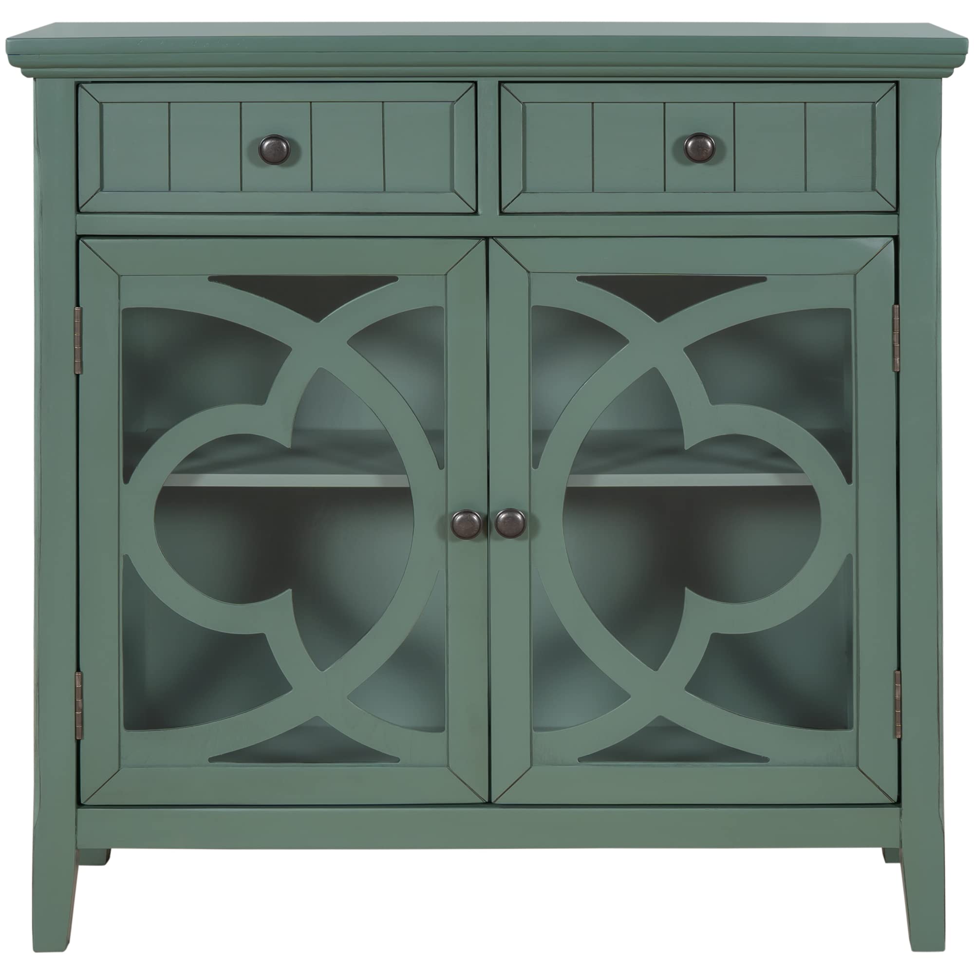 Vintage Wooden Accent Storage Cabinet - Elegant Buffet Sideboard with 2 Drawers, Adjustable Shelf & Carved Glass Doors - Dark Green Console Table for Entryway, Kitchen, Living Room - Perfect for Home Decor, Dining Room Storage & Displaying Collectibles