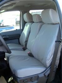 Durafit F480-X4 Custom Seat Covers for Ford F150-F550 Trucks | 40/20/40 Split Front Seat Design with Console Opening | Premium Taupe Automotive Twill Fabric | Perfect for Work Trucks, Off-Roading & Daily Commutes