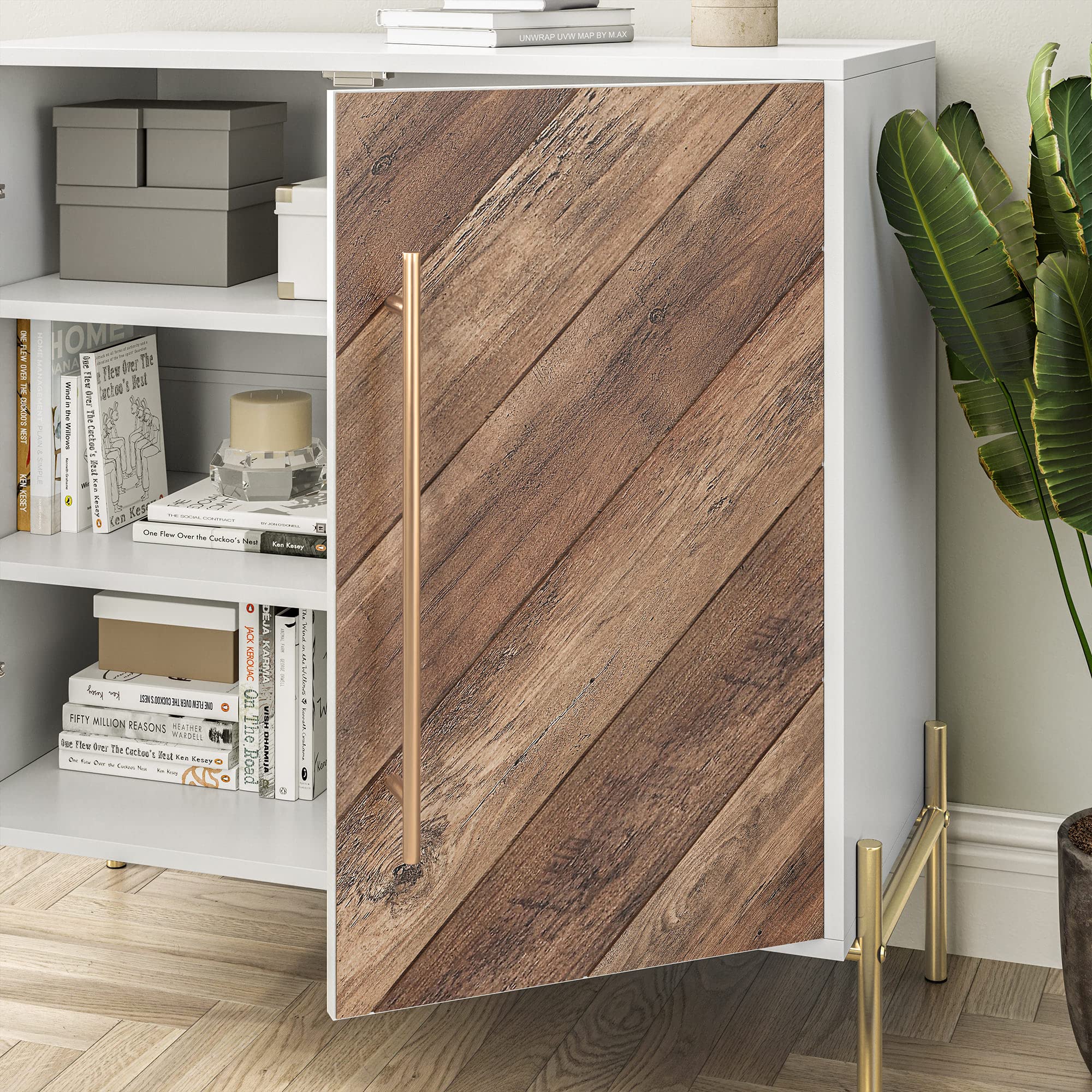 BELLEZE 32 Inch Rustic Oak Sideboard Buffet Cabinet - Large Storage Accent Cabinet with Console Table, Coffee Bar Table for Living Room, Kitchen or Entryway - Perfect for Home Organization & Entertaining Guests