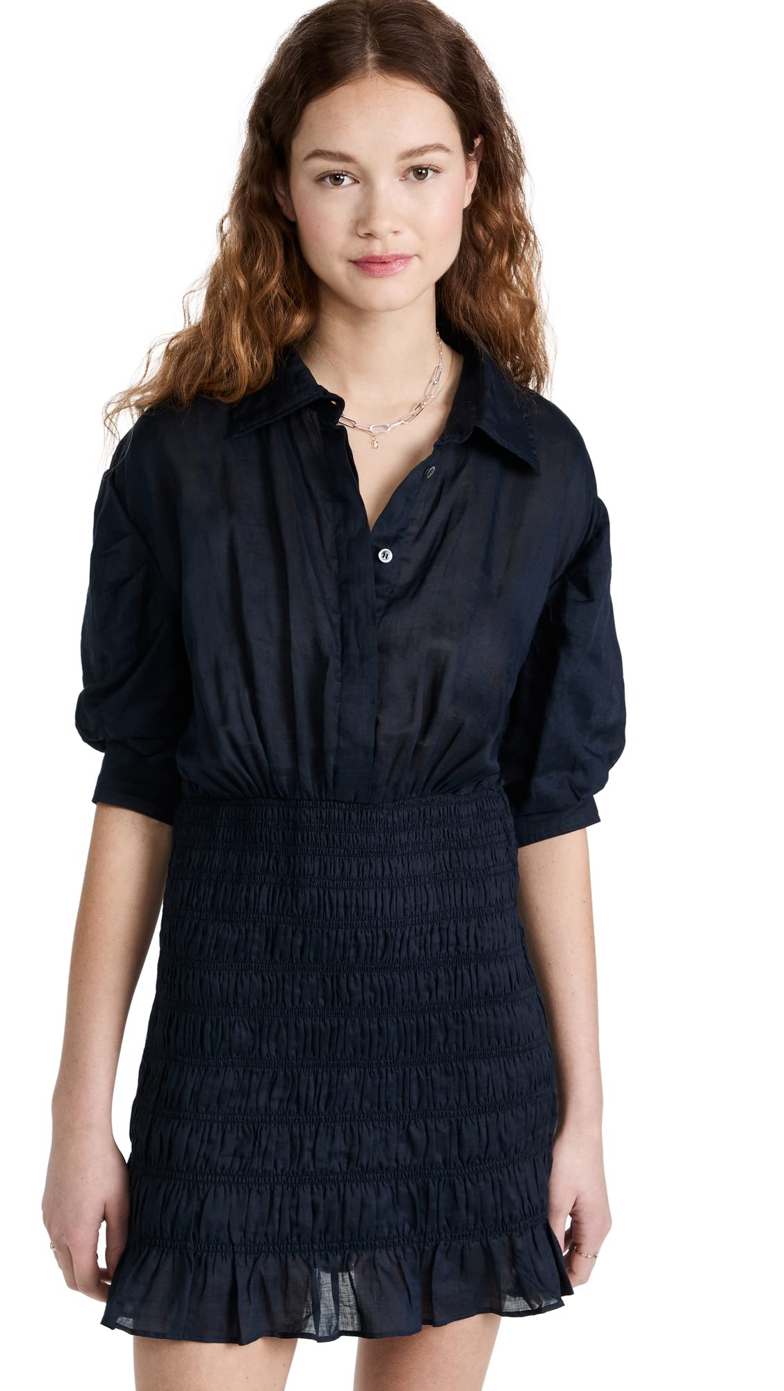 FRAME Women's Smocked Shirt Dress - Flowy Summer Midi Dress with Puff Sleeves | Perfect for Beach, Brunch & Casual Outings