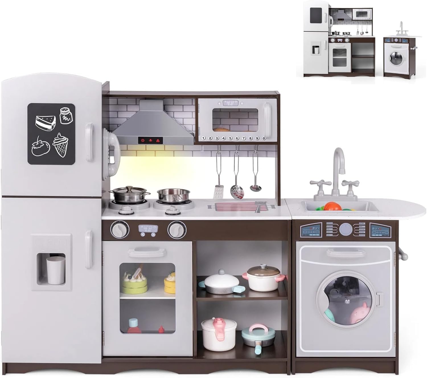 Costzon 2-Piece Wooden Play Kitchen Set with Washing Machine, Range Hood & Ice Maker - Interactive Kids Pretend Kitchen Toy with Sounds, Lights, Blackboard & Telephone - Ideal Gift for Toddlers Ages 3+ (Brown) - Perfect for Imaginative Play, Role-Playing & Early Learning at Home or Preschool