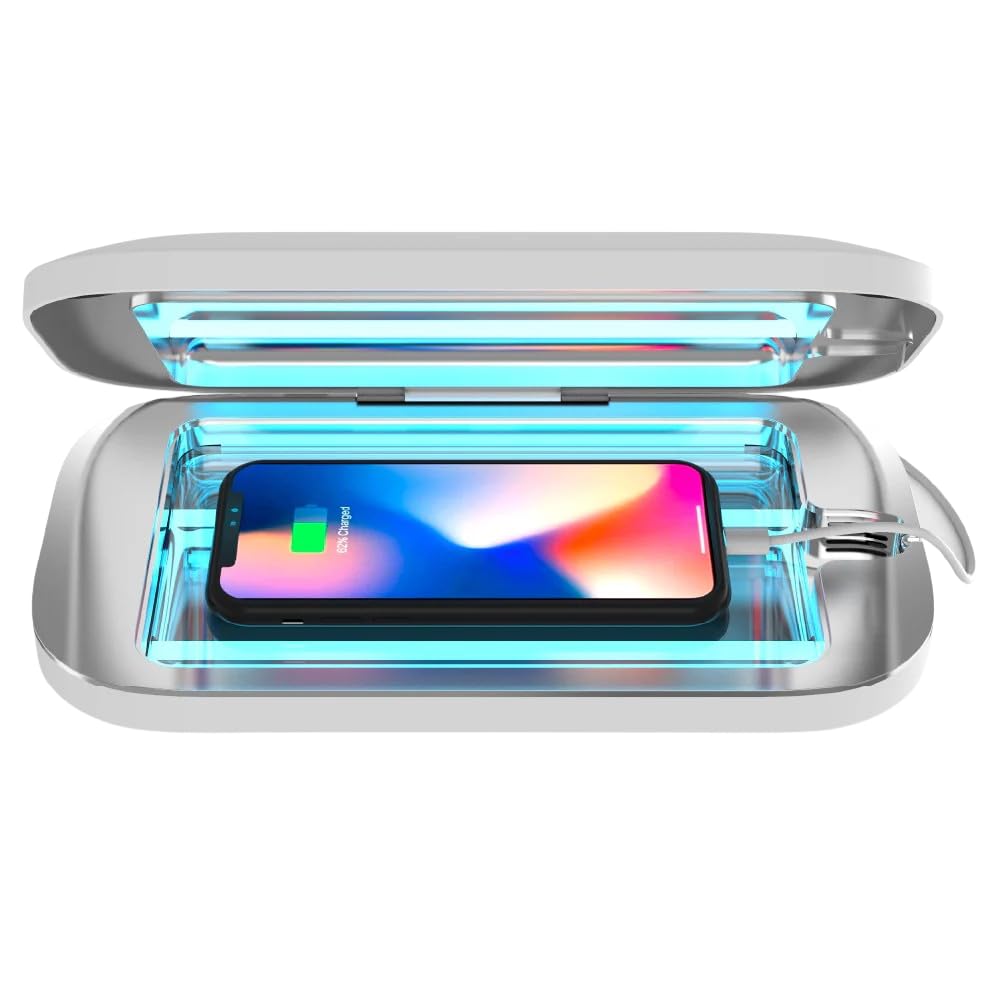 PhoneSoap Pro UV Smart Phone Sanitizer & Universal Charger | Clinically Proven 360° UV-C Disinfection for Phones, AirPods, Keys | Wireless Charging Station | Ideal for Home, Office & Travel Use (White)