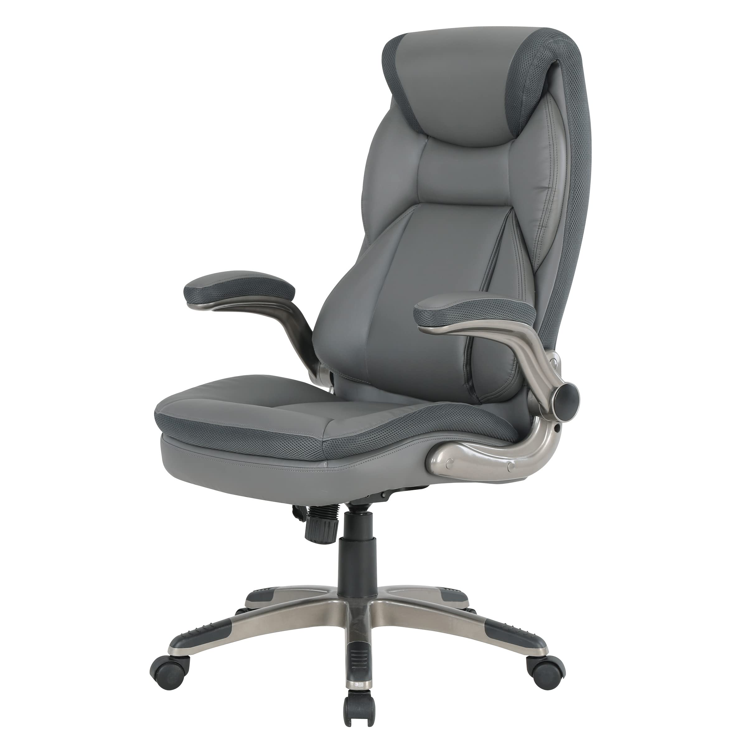 Office Star ECH Series Executive Bonded Leather Office Chair with Lumbar Support & Adjustable Arms - Charcoal with Titanium Base - Ergonomic Desk Chair for Home Office & Workspace