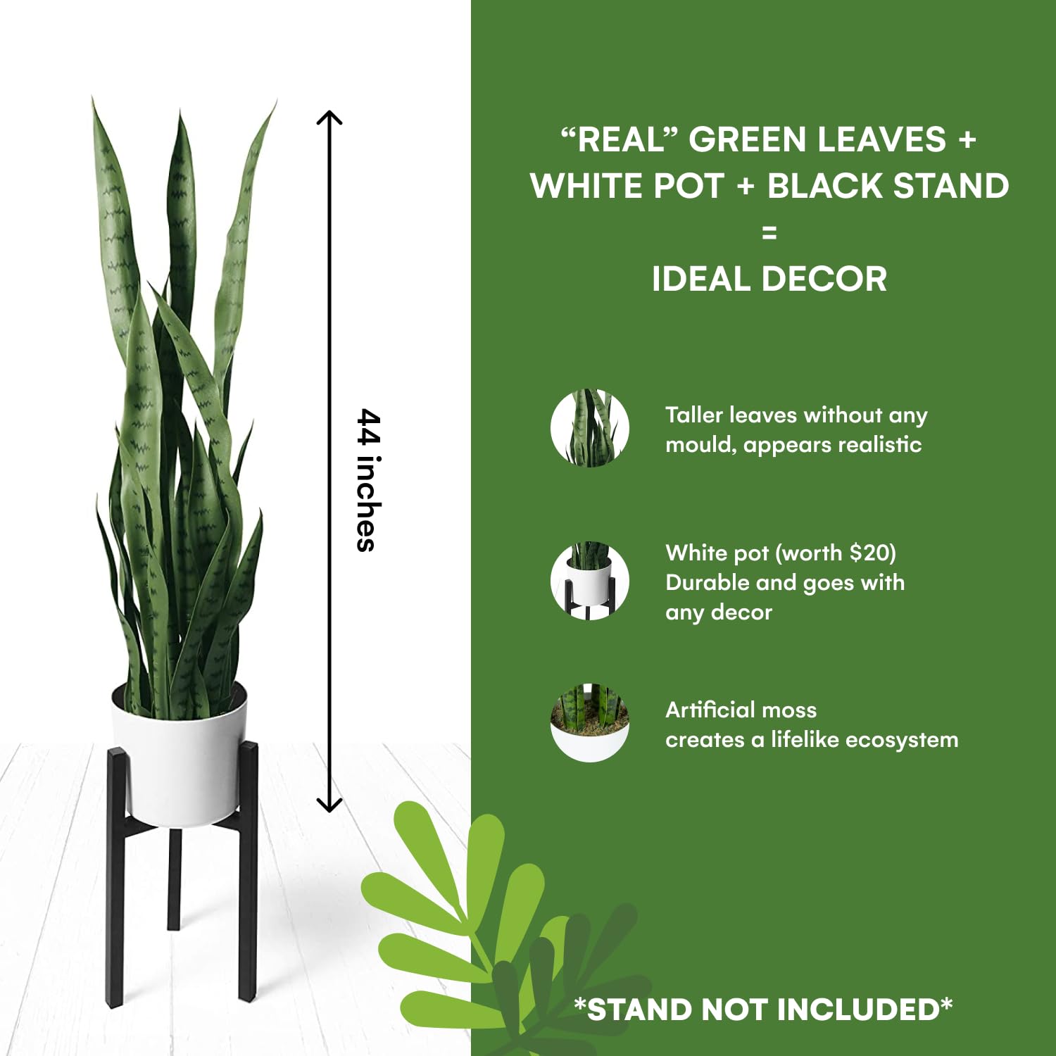 FlyBold Artificial Fake Snake Plants - 36in Large Faux Sansevieria Plant with 28 Tall Leaves - Modern Indoor House Decor with White Pot & Tripod - Green - Perfect for Home Office, Living Room, Bedroom Decor