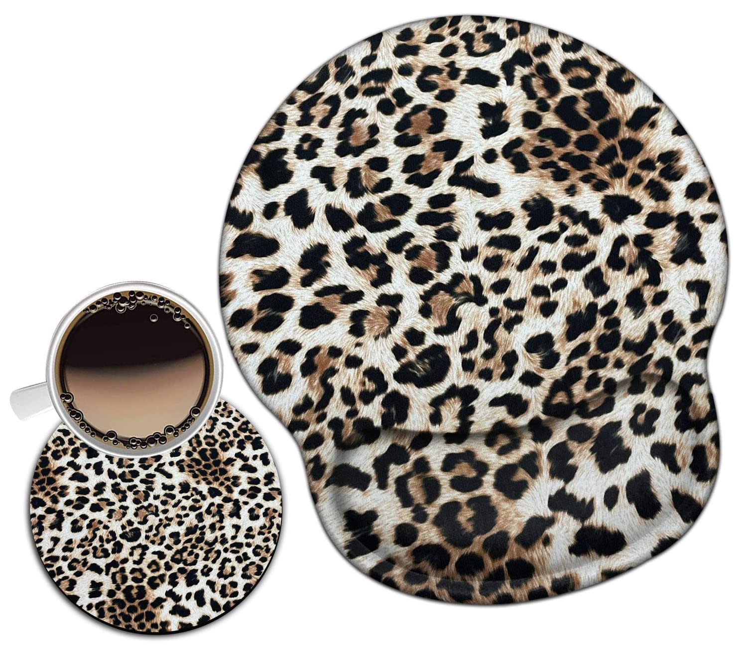 Ergonomic Mouse Pad with Wrist Support Gel - Comfortable Office & Gaming Mouse Mat for Pain Relief, Easy Typing & Extended Use - Includes Bonus Coaster (Leopard Print) - Perfect for Home Office, PC Gaming & Computer Workstations
