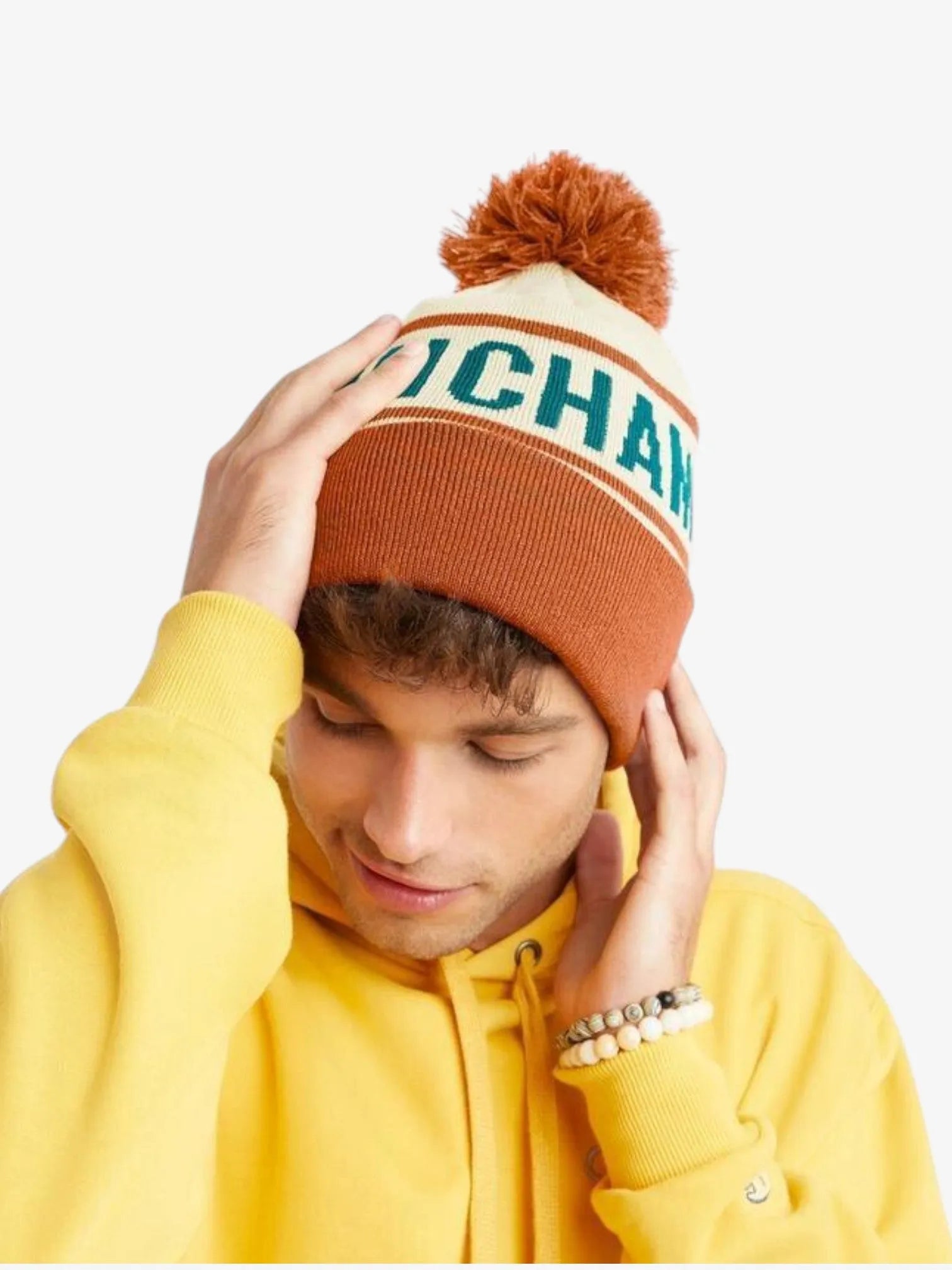 Champion Cuffed Beanie with Pom - Orange & White - Winter Hat for Men & Women - Cozy Knit Cap for Outdoor Activities & Sports