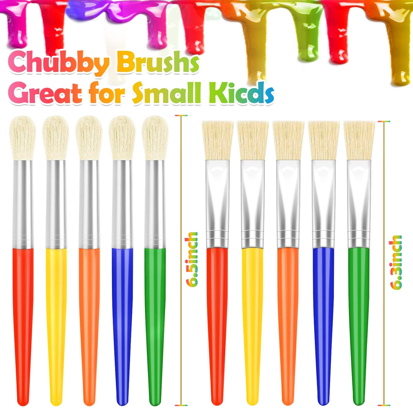 Anezus 50-Piece Kids Paint Brushes Set - Bulk Toddler & Preschool Painting Supplies with Round & Flat Brushes for Art Projects, Classroom Activities & Birthday Party Crafts