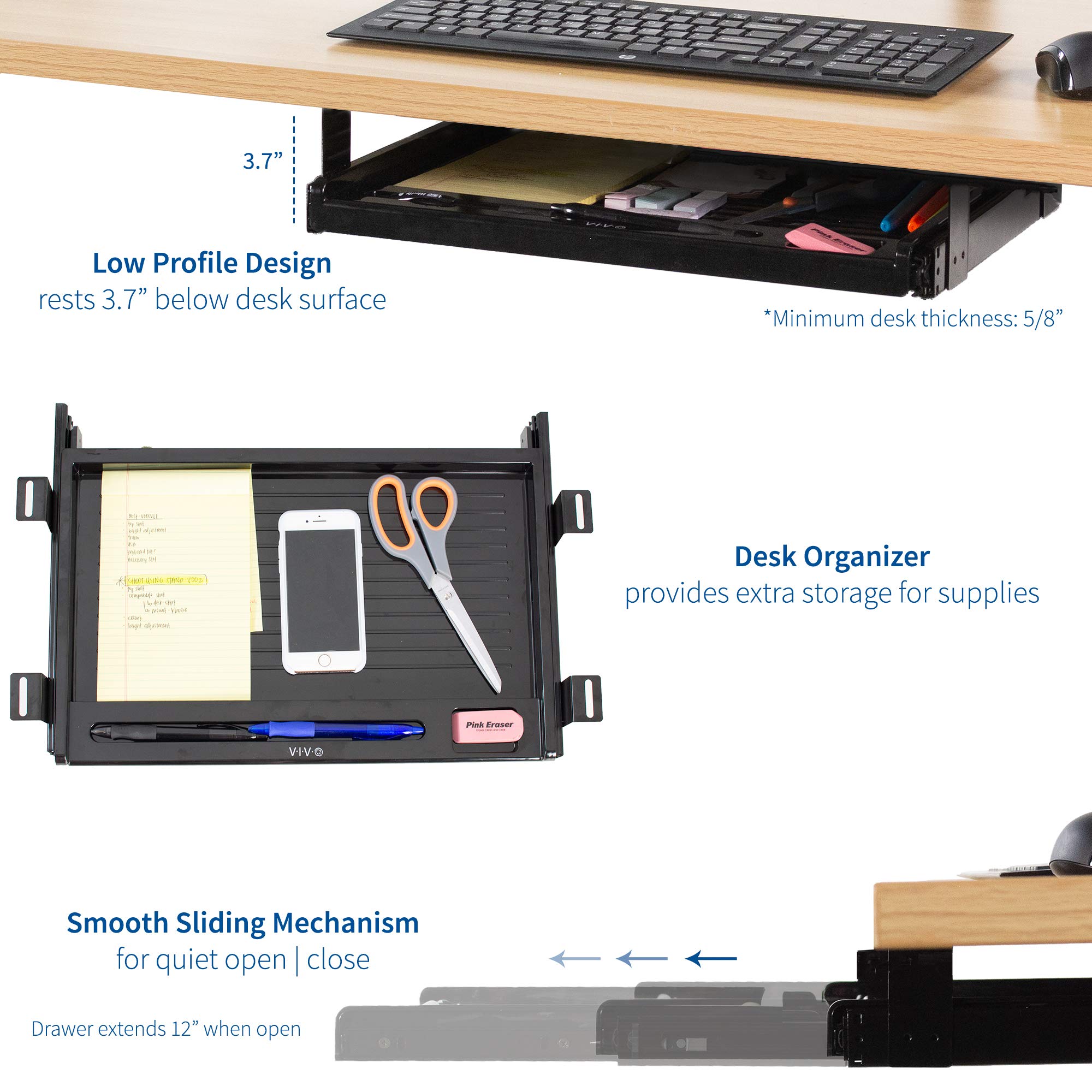 VIVO 17 Inch Under Desk Slide-Out Pencil Drawer Organizer - Slim Black Storage Tray for Home Office, Study, or Workspace - Fits Under Most Desks (Model DESK-AC04D) - Perfect for Pens, Markers, Sticky Notes & Office Supplies