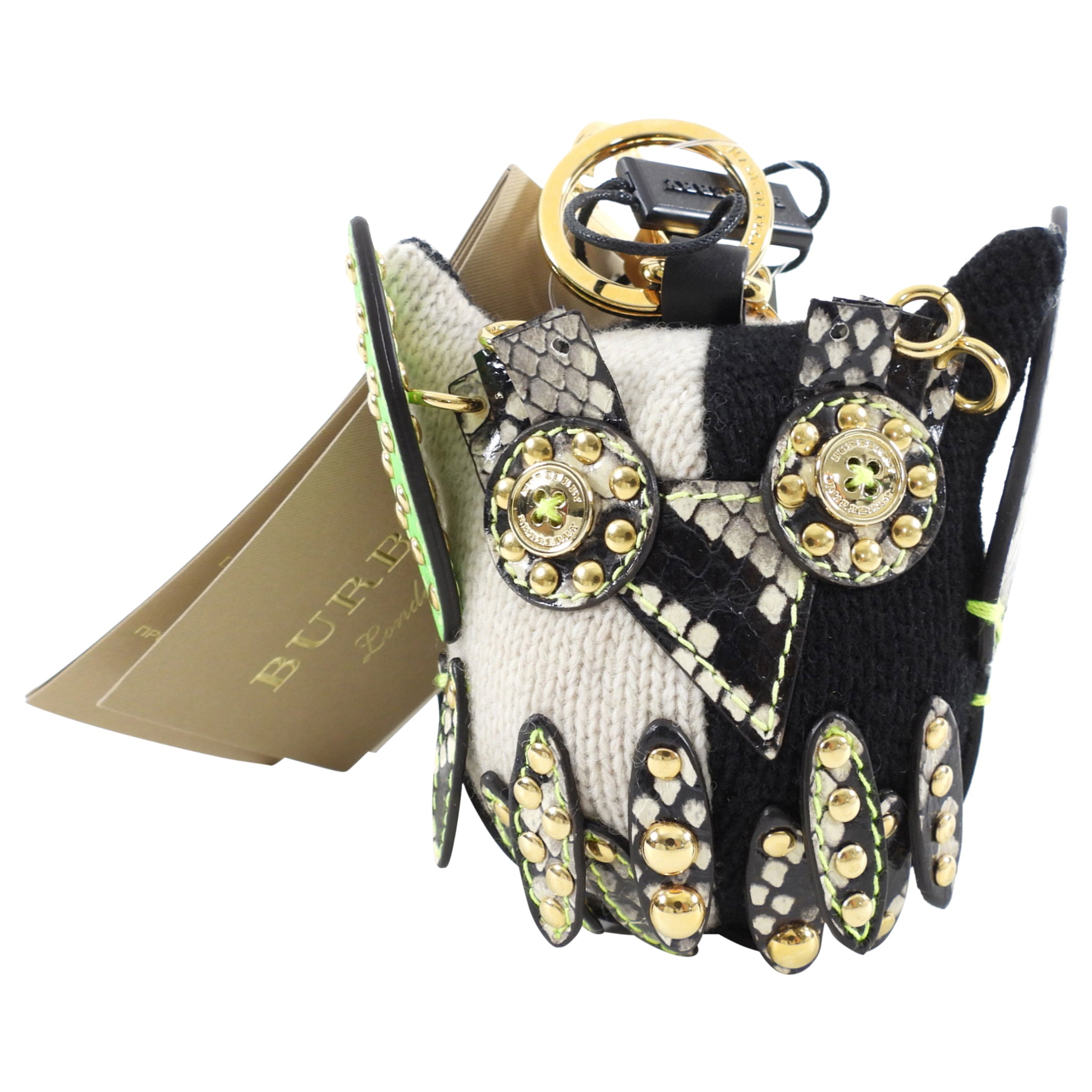 Burberry Black and Green Knit Studded Mavis Owl Bag Charm - Stylish Designer Accessory for Handbags, Backpacks & Keys | Perfect Gift for Fashion Lovers