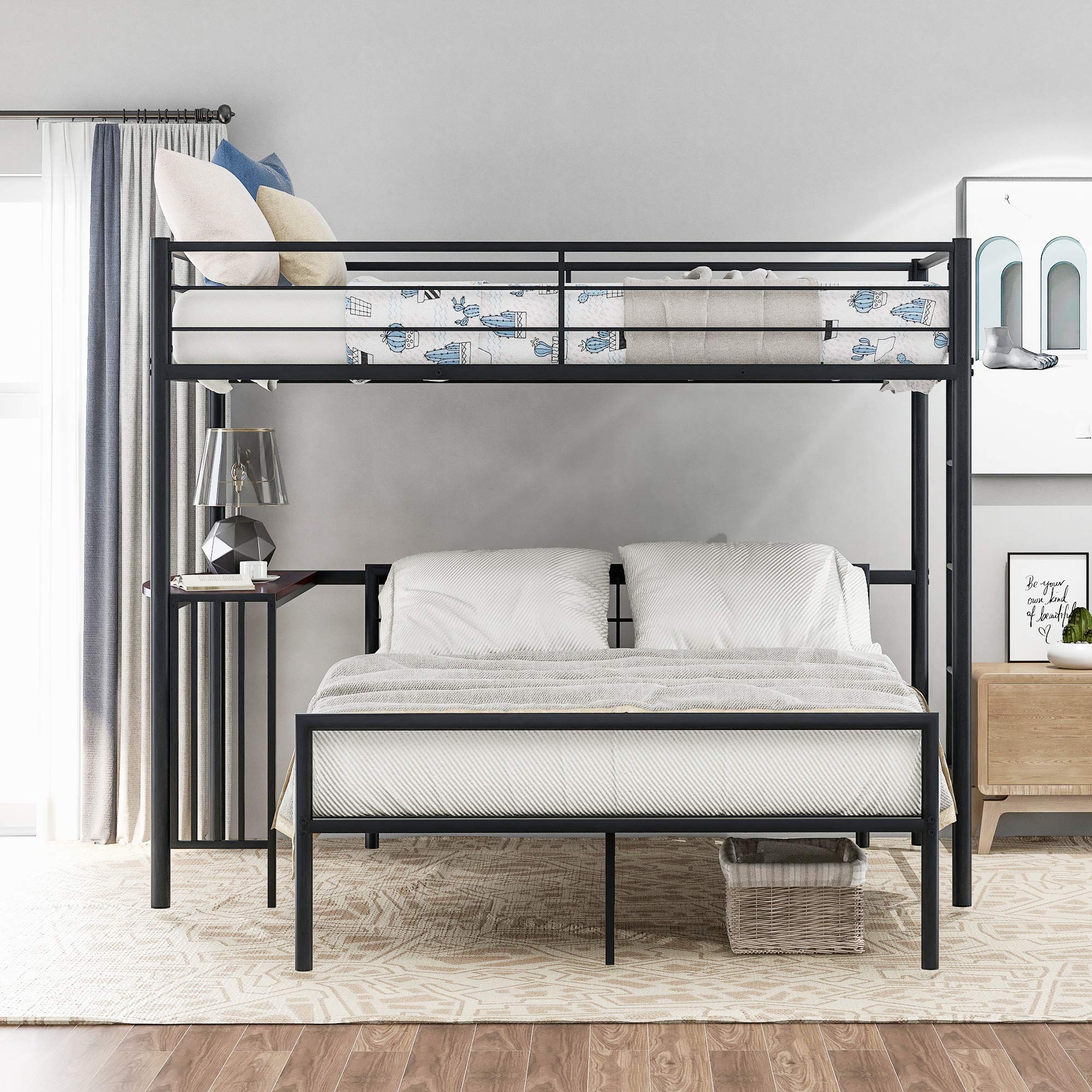 Twin Over Full Metal Bunk Bed with Built-in Desk & Ladder - Sturdy Steel Frame & Quality Slats - Space-Saving Black Bunk Bed for Kids, Teens & Small Bedrooms - Perfect for Dorms, Guest Rooms & Shared Spaces