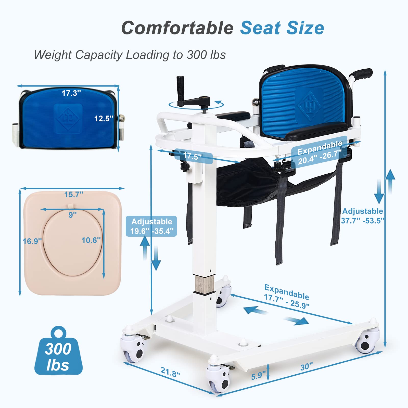 Patient Lift Transfer Chair for Elderly & Disabled - 300 lb Capacity Commode Wheelchair with Padded Seat | Home Use for Bed, Toilet, Shower & Car Transfers | Ideal for Post-Surgery Recovery & Elderly Care