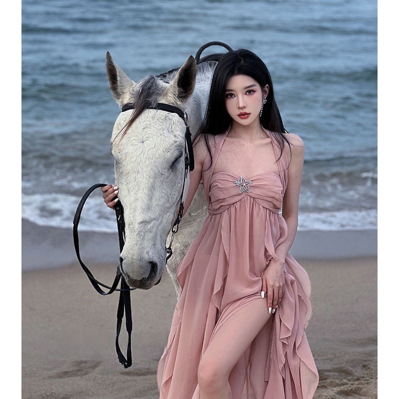 Sexy Irregular Halter Neck Tube Top Backless Dress - Long Skirt Beachwear for Women | Perfect for Summer Vacations, Pool Parties & Boho Fashion Outfits
