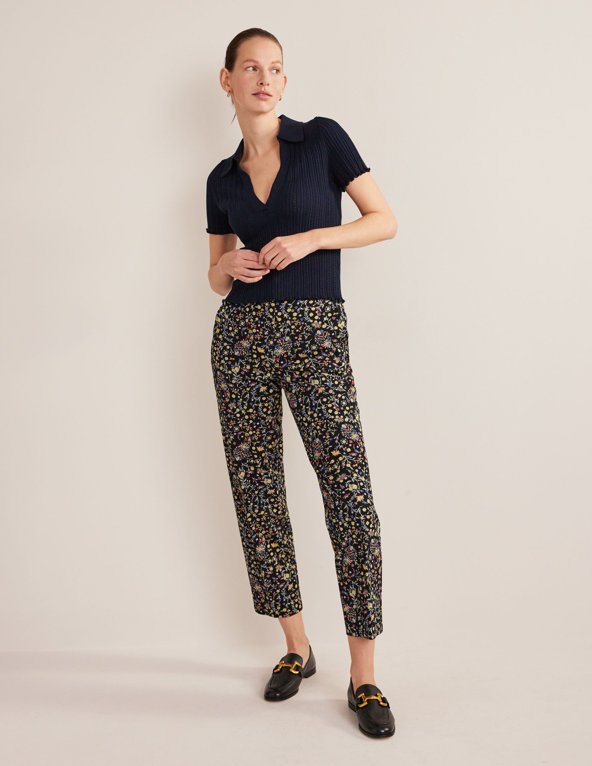 Women's Bi-Stretch Straight Leg Pants - Black Wildflower Paisley Print for Work, Travel & Casual Wear