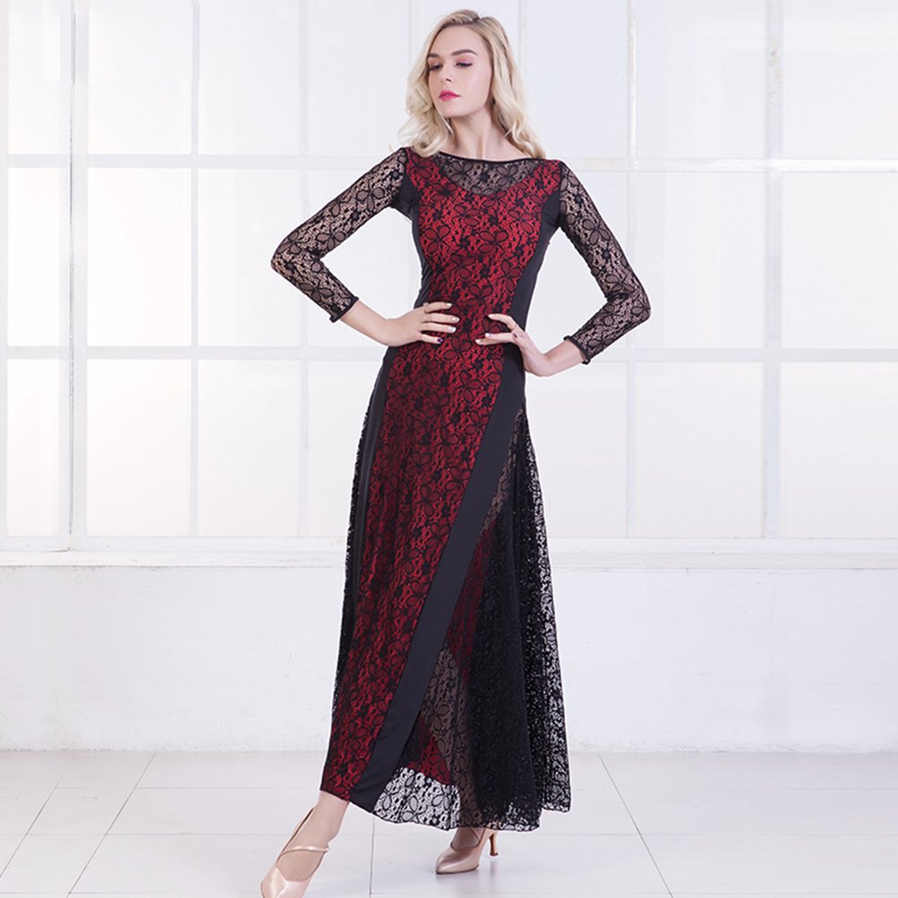 Elegant Floral Ballroom Dance Dress for Women - Modern Waltz & Foxtrot Competition Gown with Lace Details | Perfect for Standard Ballroom Performances & Dance Events