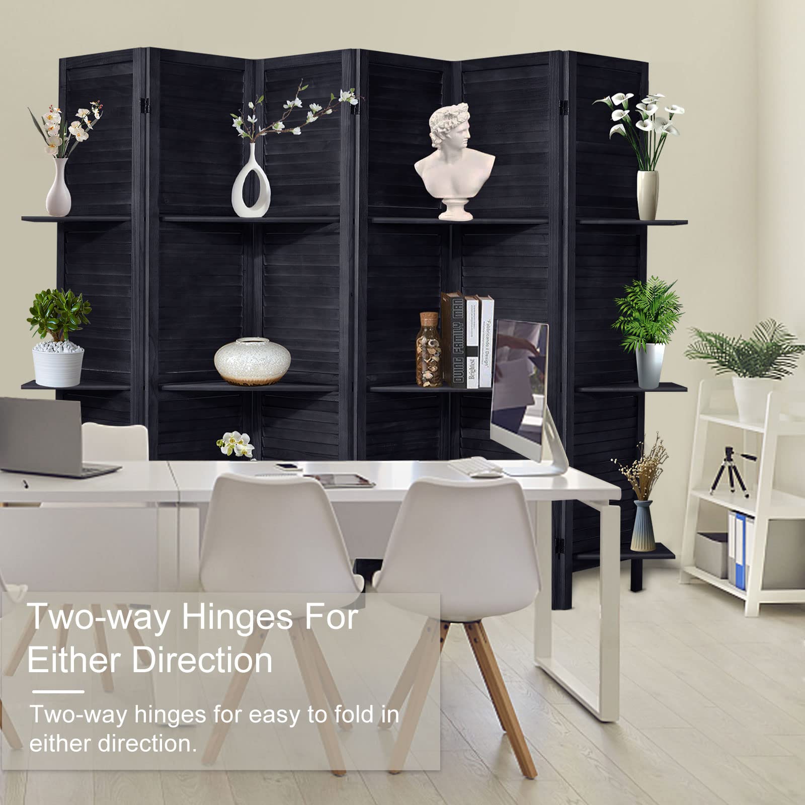 6 Panel Wood Room Divider - 5.6 Ft Tall Folding Privacy Screen with Shelves | Black Partition Wall for Home Office, Bedroom & Living Room | Space Separator for Privacy & Organization