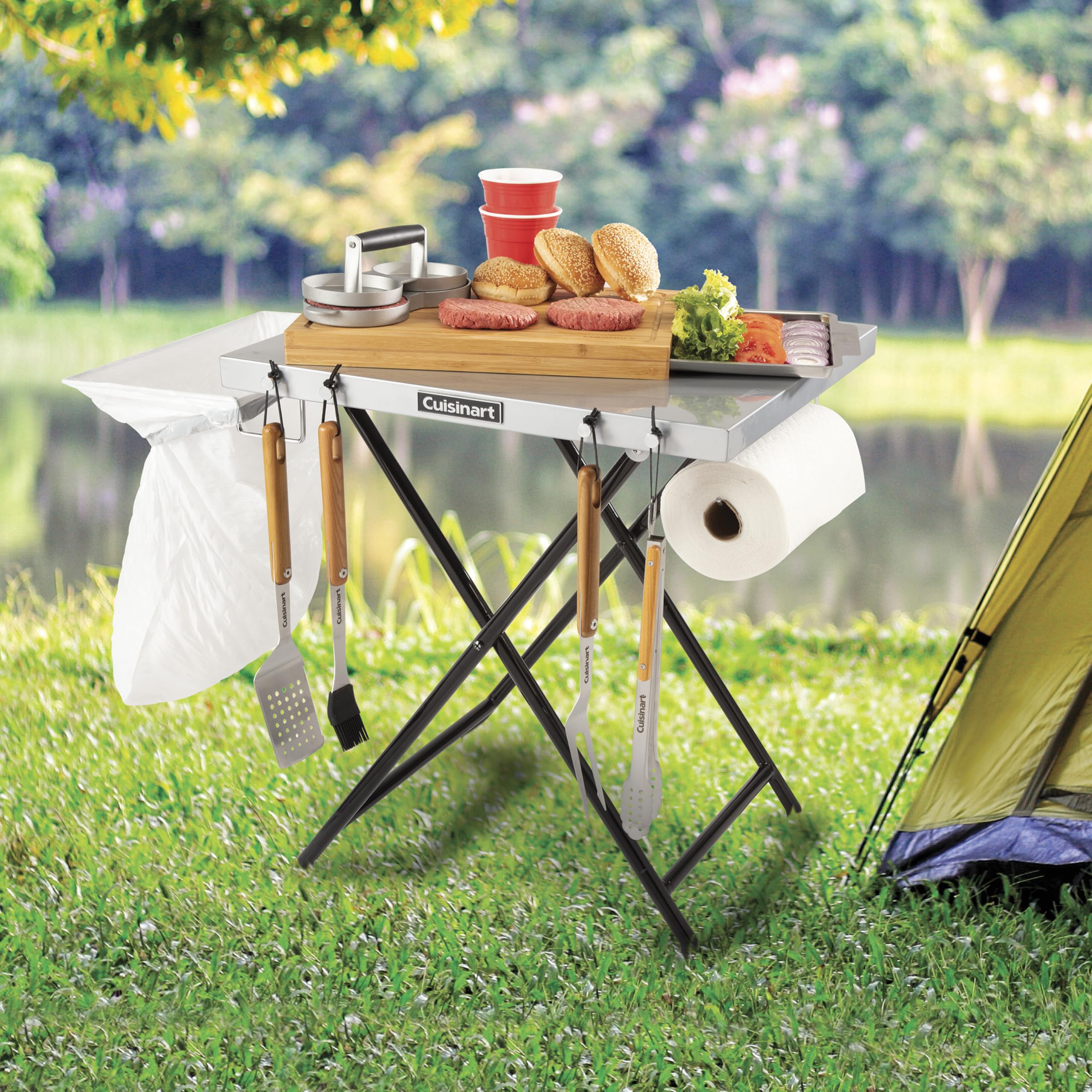 Cuisinart Fold 'n Go Prep Table - Portable Folding Table & Grill Stand with Tool Hooks, Trash Bag Holder & Paper Towel Rack | 24