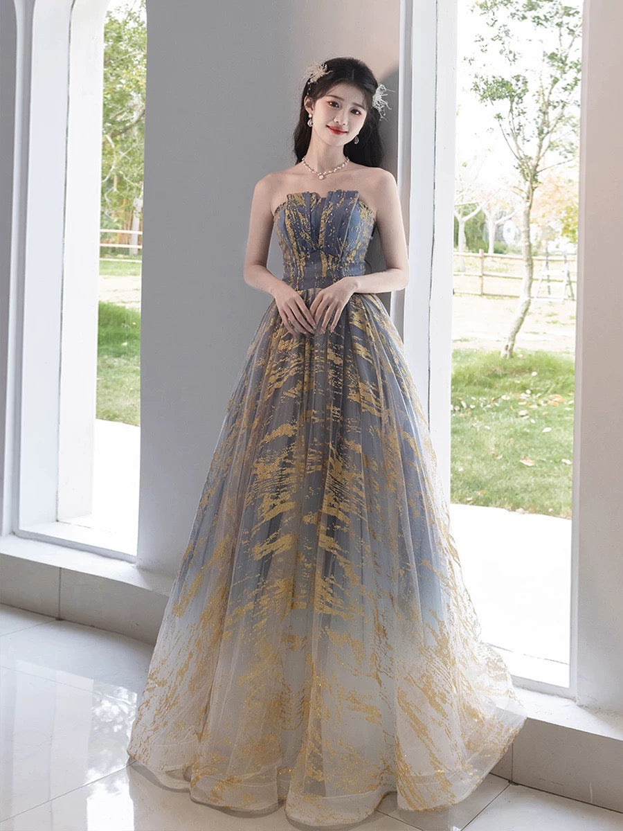 Elegant A-Line Tulle Gold and Blue Long Prom Dress for Women | Formal Evening Gown for Homecoming, Ball, Wedding & Special Occasions