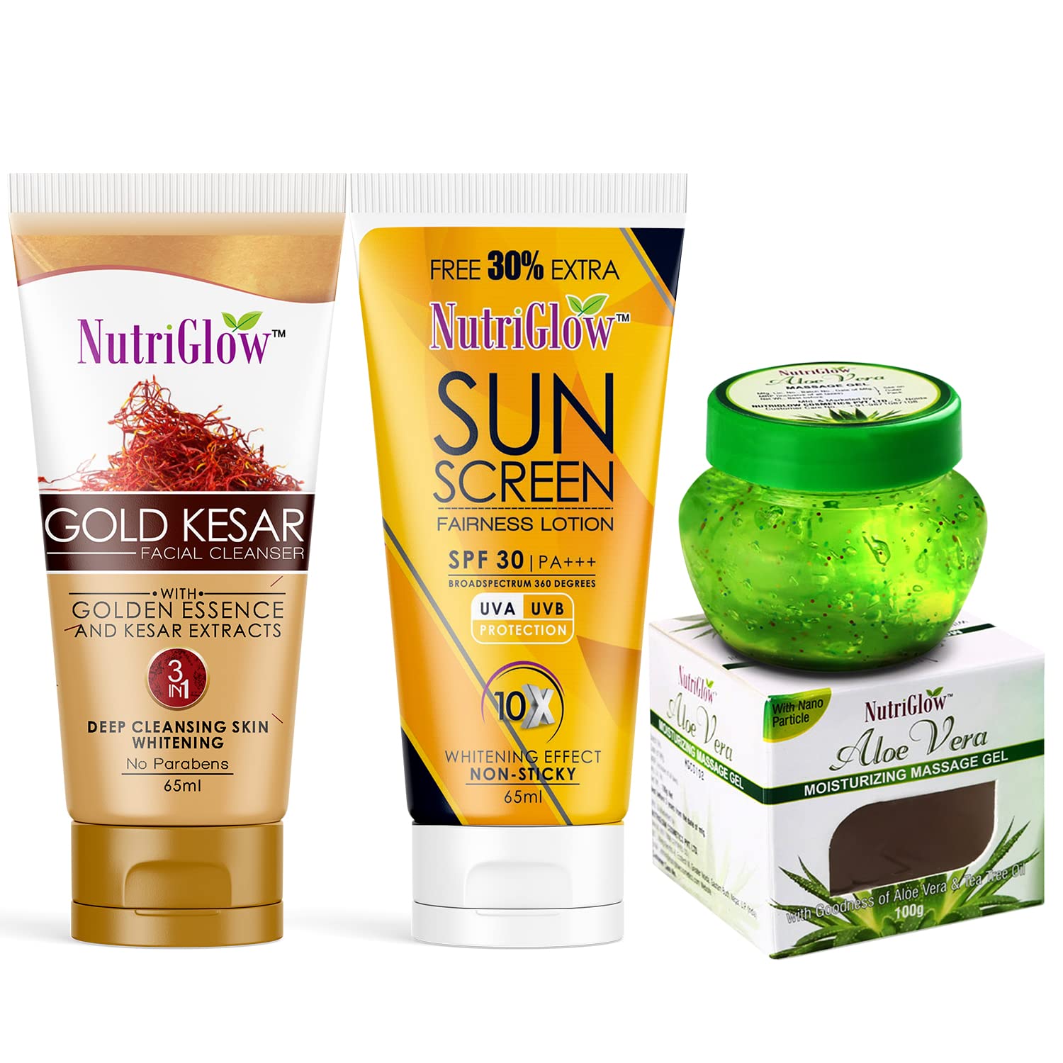 NutriGlow Gold Kesar Face Wash with SPF 30 PA+++ & Aloe Vera Gel - 3-Pack Skincare Set for Daily Sun Protection & Hydration | Perfect for Travel, Gym & On-The-Go Use