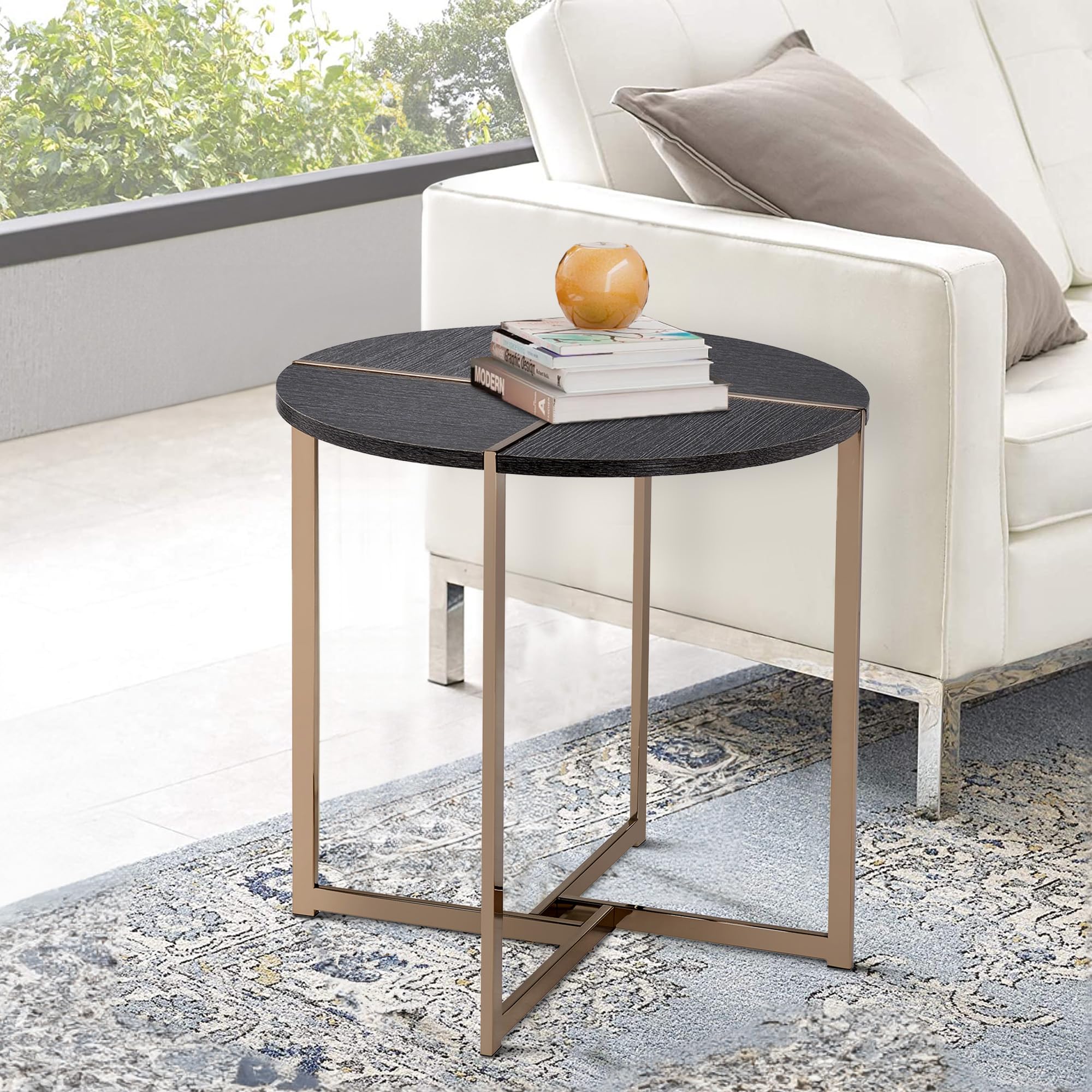 Benjara Modern End Table with X-Shaped Metal Base & Round Wooden Top - Gold & Gray Accent Table for Living Room, Bedroom, or Office Decor