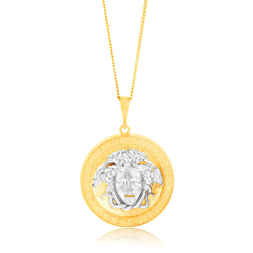 9ct Yellow & White Gold Medusa Greek Key Round Diamond Cut Pendant Necklace - Elegant Jewelry for Women, Perfect for Parties, Weddings & Special Occasions