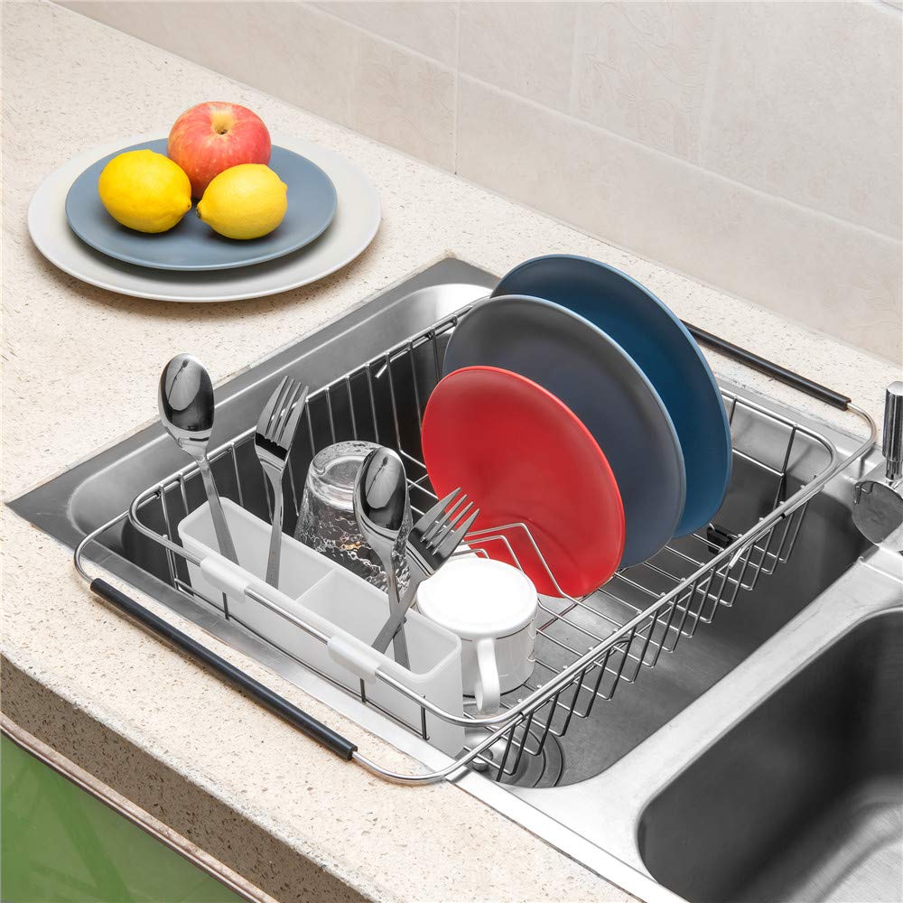 SANNO Plastic Utensil Drying Rack - Silverware Storage Holder for Dish Rack Over Sink - Chopsticks Spoon Fork Knife Drainer Basket - Flatware Organizer (White, 7.75